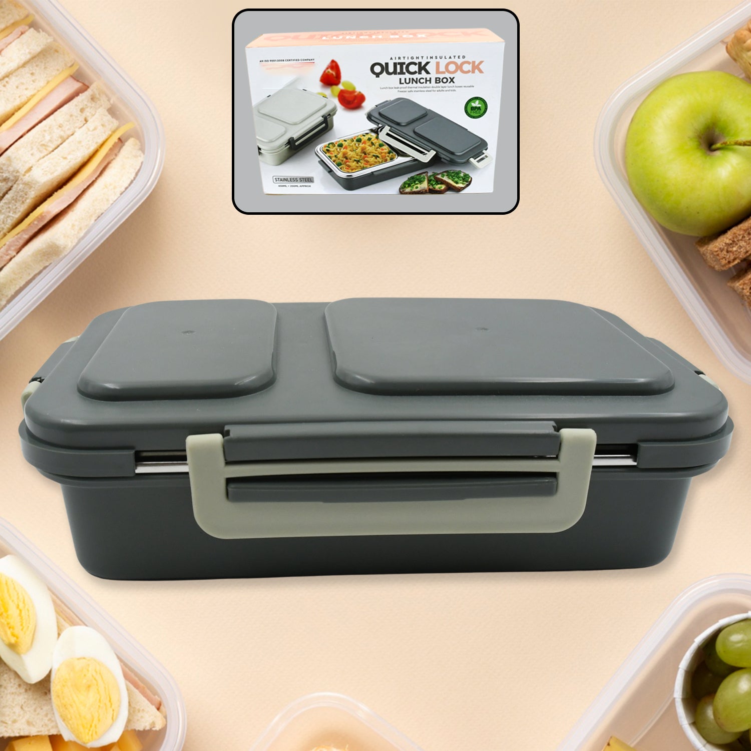5583 Miracle Quick Lock Leak Proof 2 Compartment Stainless Steel LUNCH BOX Inner Plate Reusable Microwave Freezer Safe Lunch Box Trendy Thermal Insulation Leak Proof for Office Vacuum Tiffin Box for Boys / Girls / School / Office Women and Men