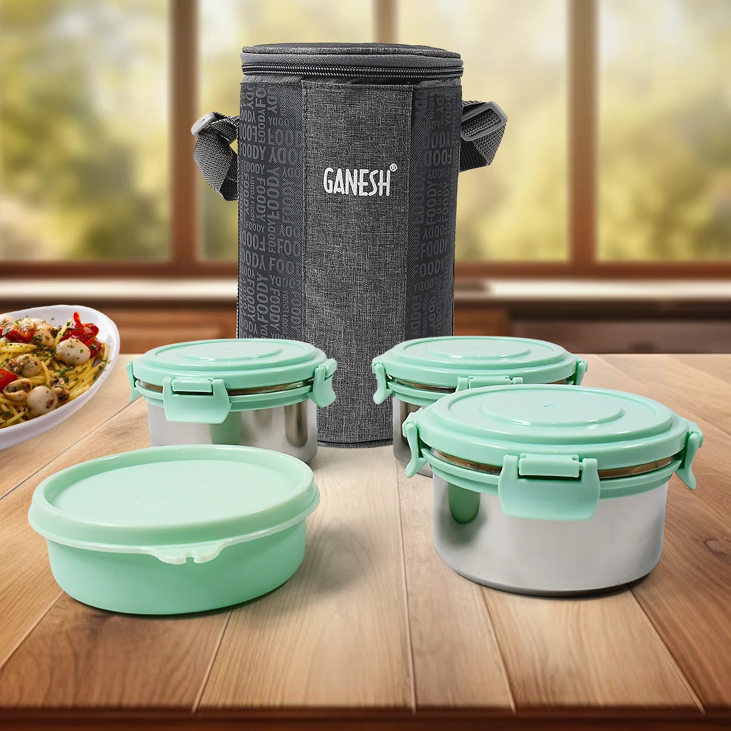 8717 Ganesh 4In1 Tiffin Box-Lunch Box | 3 Stainless Steel Containers 300 Ml Approx & Plastic Salad Container 200 Ml Approx| Plastic lid Box | Round Zip Bag | Leak Proof | Microwave Safe for Office, College and School for Men, Women