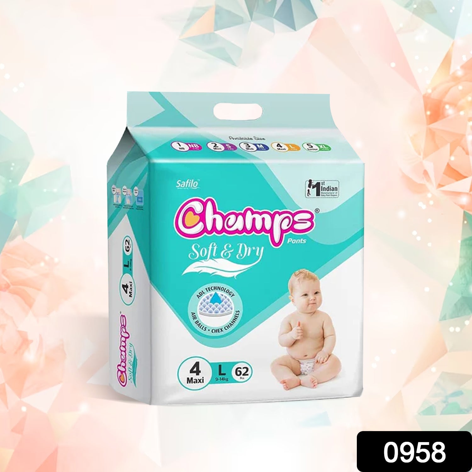 0958 Champs Soft and Dry Baby Diaper Pants 62 Pcs (Large Size L62)