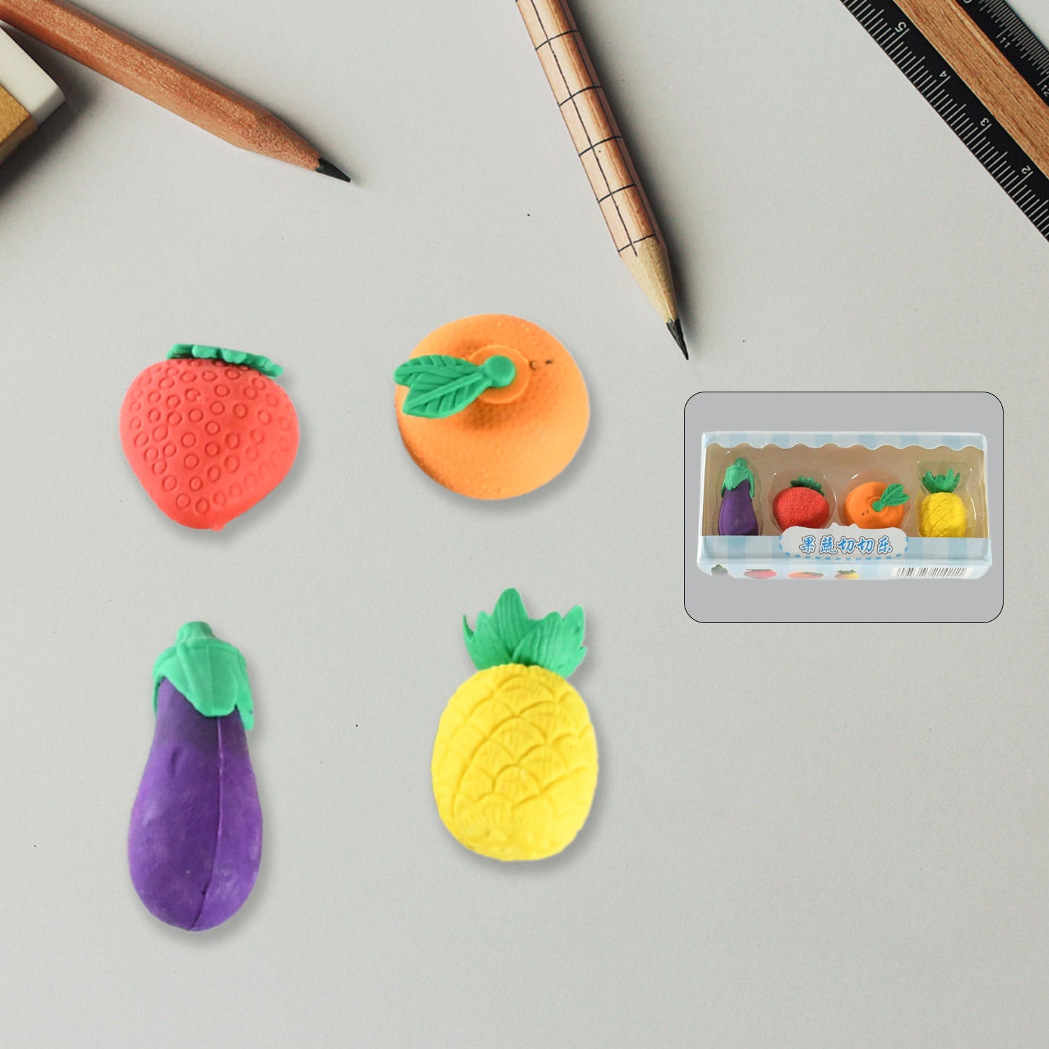 8760 Mini Cute Vegetables and Fruits Erasers or Pencil Rubbers for Kids, 1 Set Fancy & Stylish Colorful Erasers for Children, Eraser Set for Return Gift, Birthday Party, School Prize, 3D Erasers (4 pc Set)