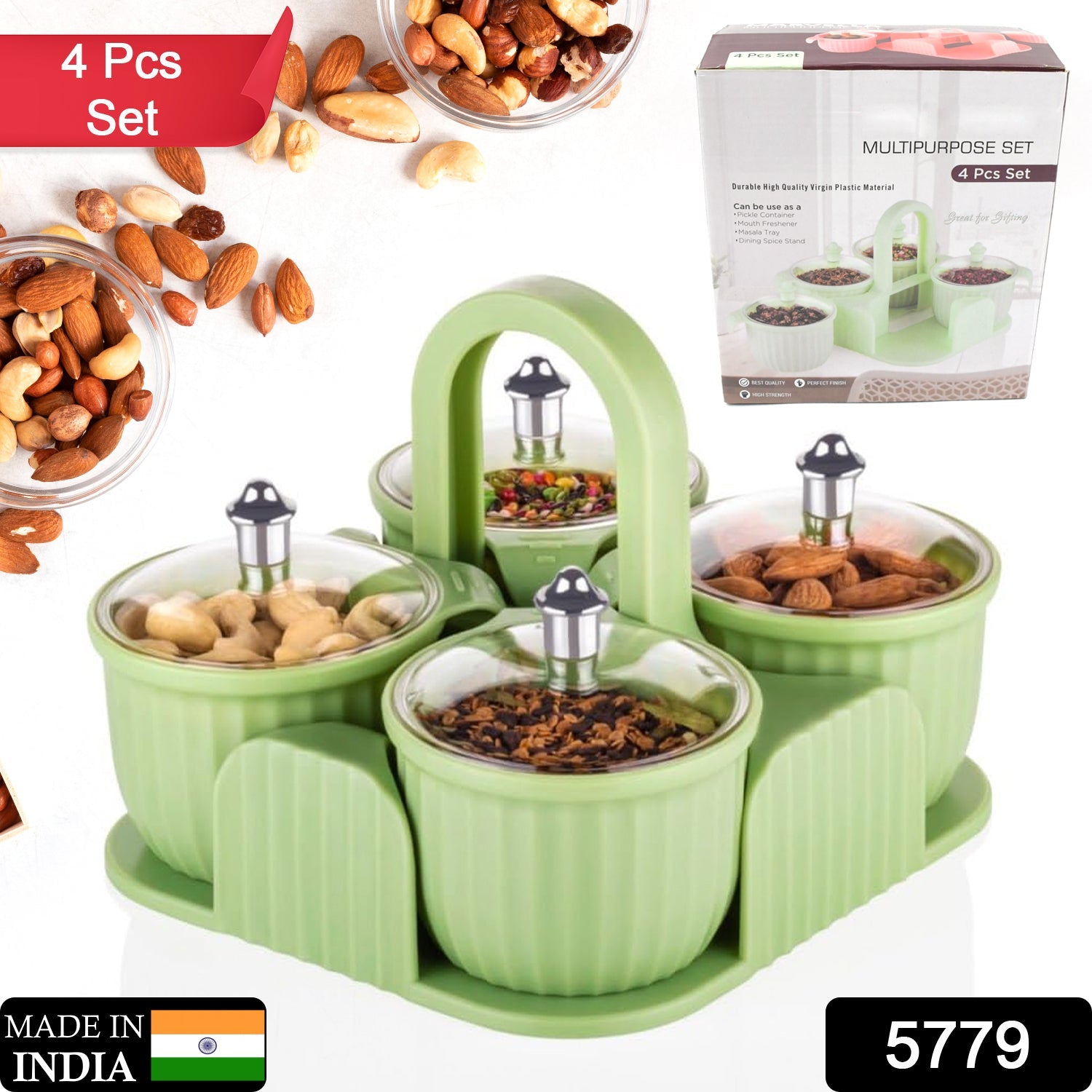 5779 Multipurpose Jar Dryfruit Set, Candy, Chocolate, Snacks Storage Jar, Masala Jar for Home and Kitchen Airtight Dry Fruit Plastic Storage Container Tray Set With Lid & 4 Serving Jar Container for Sweets,Chips,Cookies|(4 Pc Set)