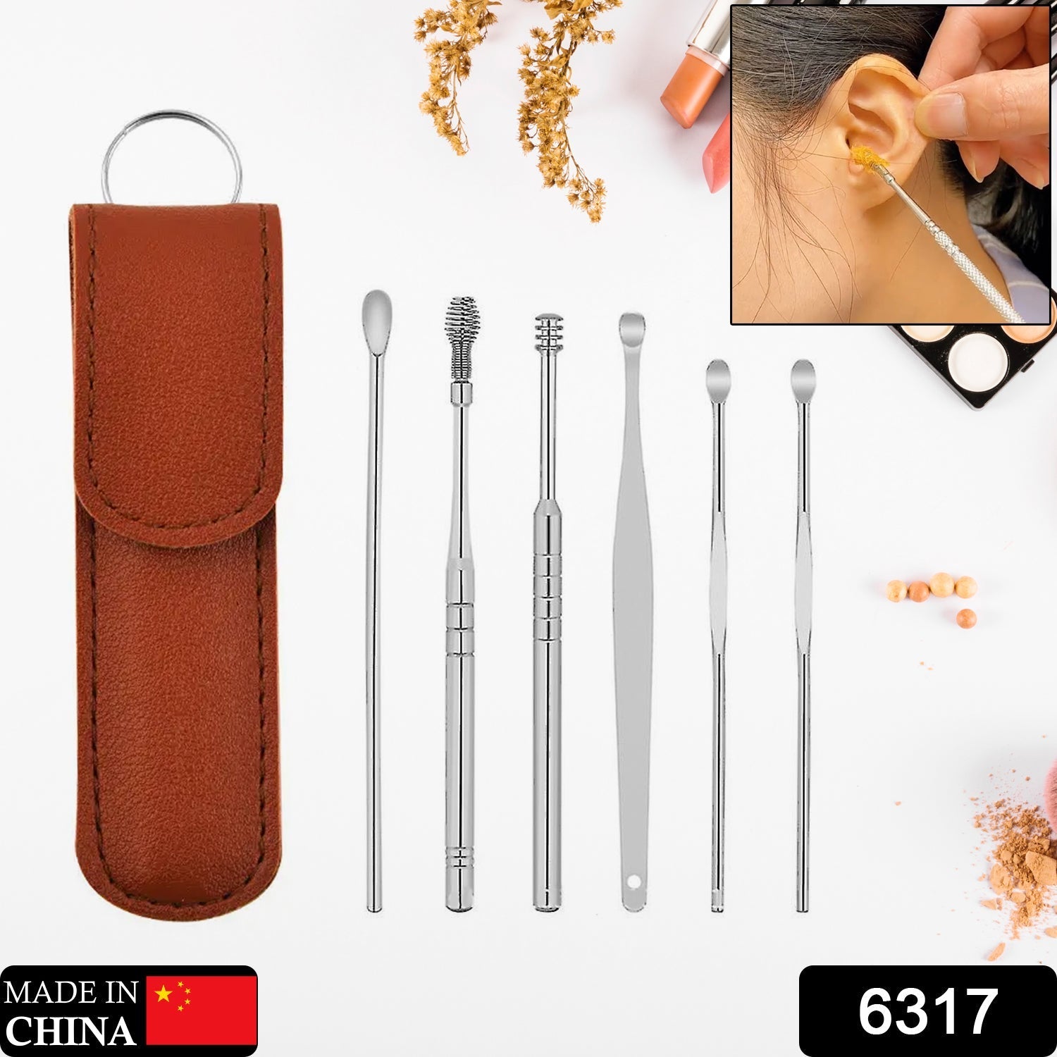 6317 6-in-1 Ear Wax Cleaner- Resuable Ear Cleaning Tools Leather Pouch - Ear Pick Wax Remover Tool Kit with Ear Curette Cleaner and Spring Ear Buds Cleaner Fit in Pocket Great for Traveling