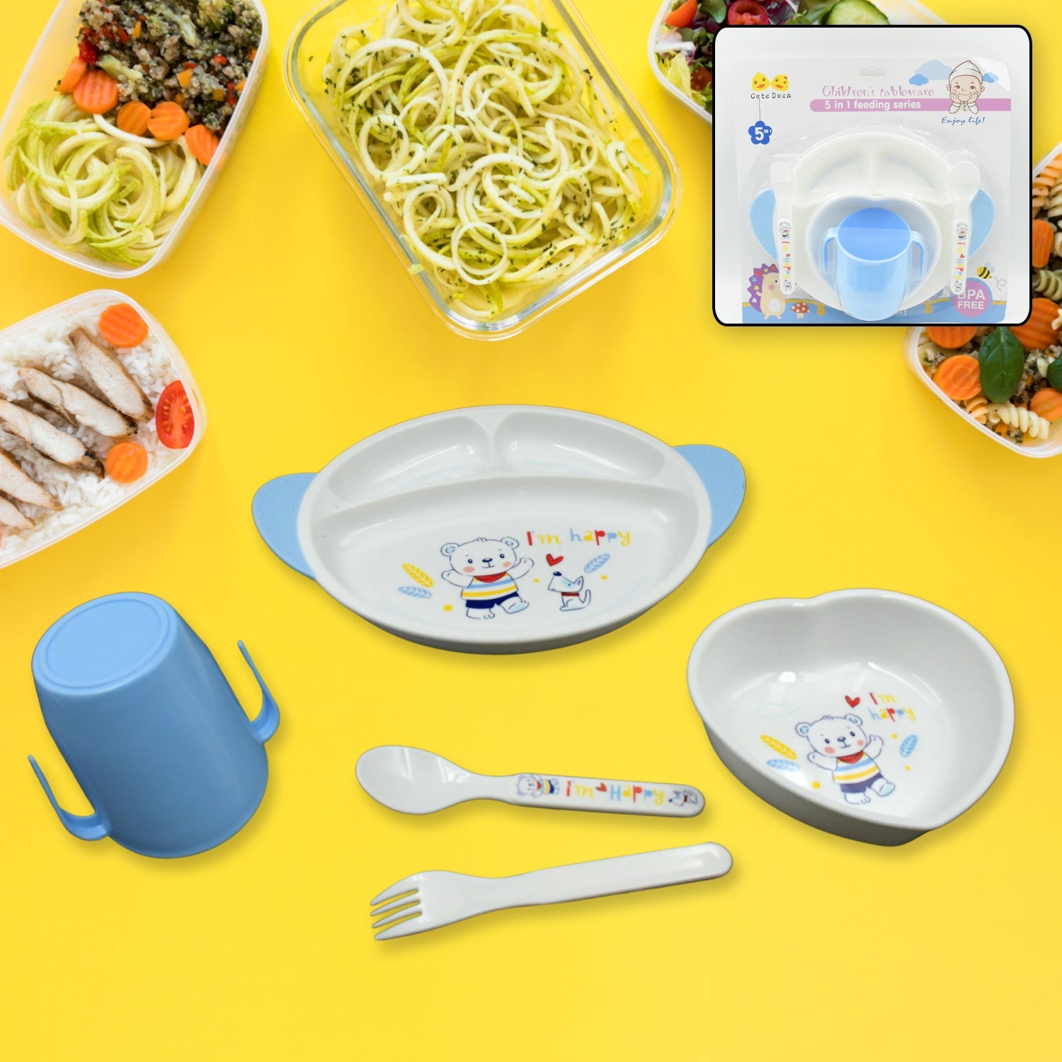 8176 5in1 Baby Feeding Set for Kids and Toddlers,Children Children Dinnerware Set - Feeding Set for Kids, Cartoon Design Plate, Cup, Spoon, Fork Tableware Cutlery for Kids Microwave & Dishwasher Safe (5 Pcs Set)