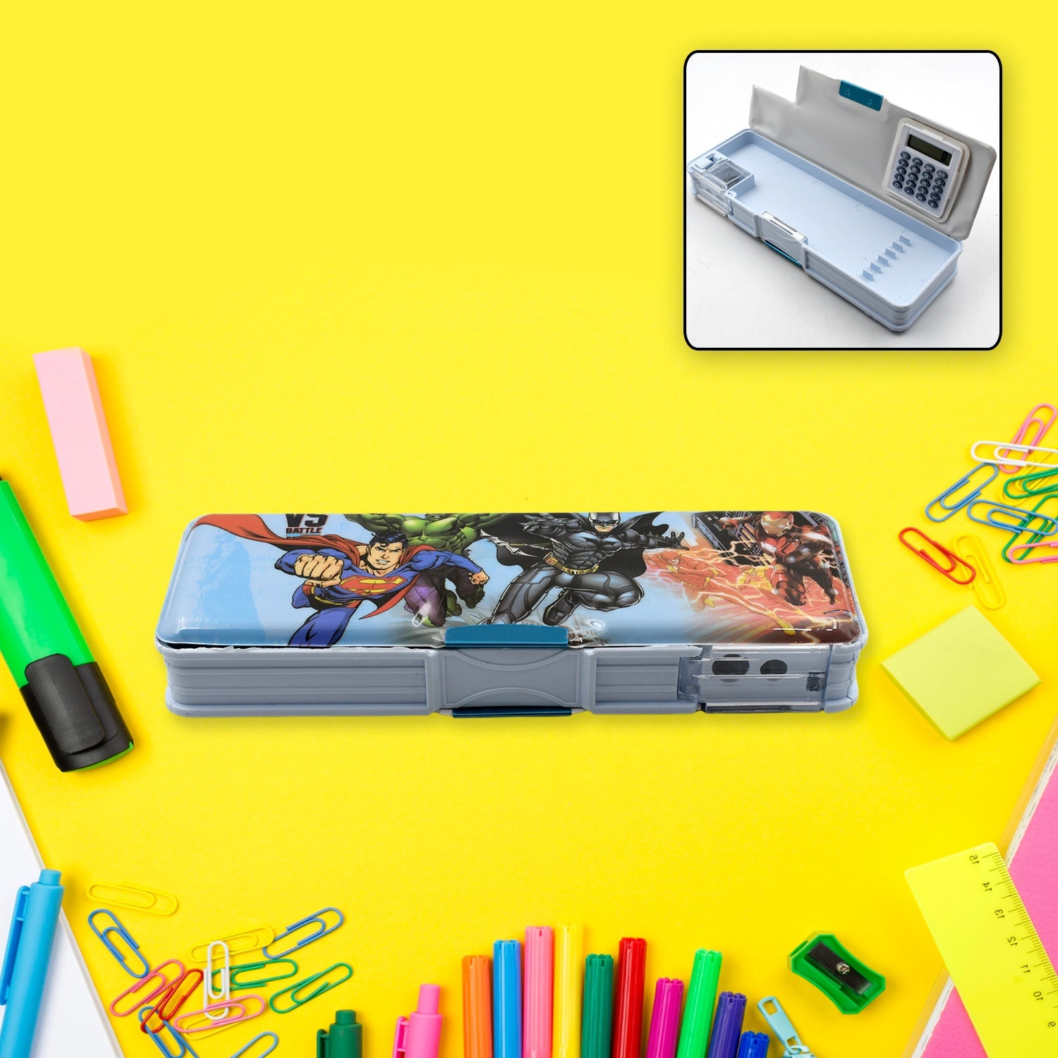 4570 Double Sided Magnetic Geometry Box, Pencil Box with Calculator and Sharpener for Boys Art Plastic Pencil Box for Girls and Boys