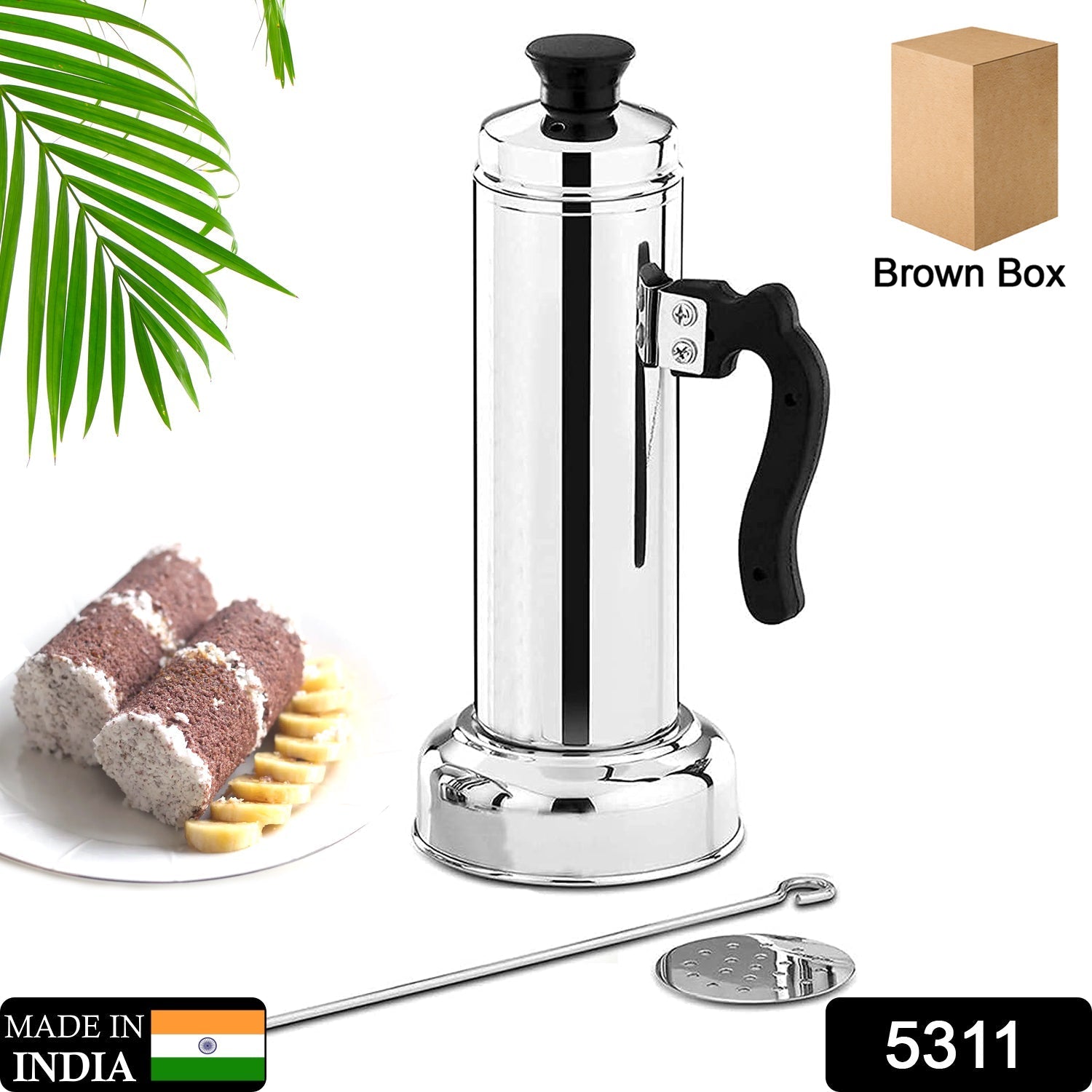5311 Puttu Maker with Steamer Plate, Metal Stick, Black Plastic Handle, Silver Lid, Puttu Maker Set To Use with Pressure Cooker Top, Food Grade Stainless Steel