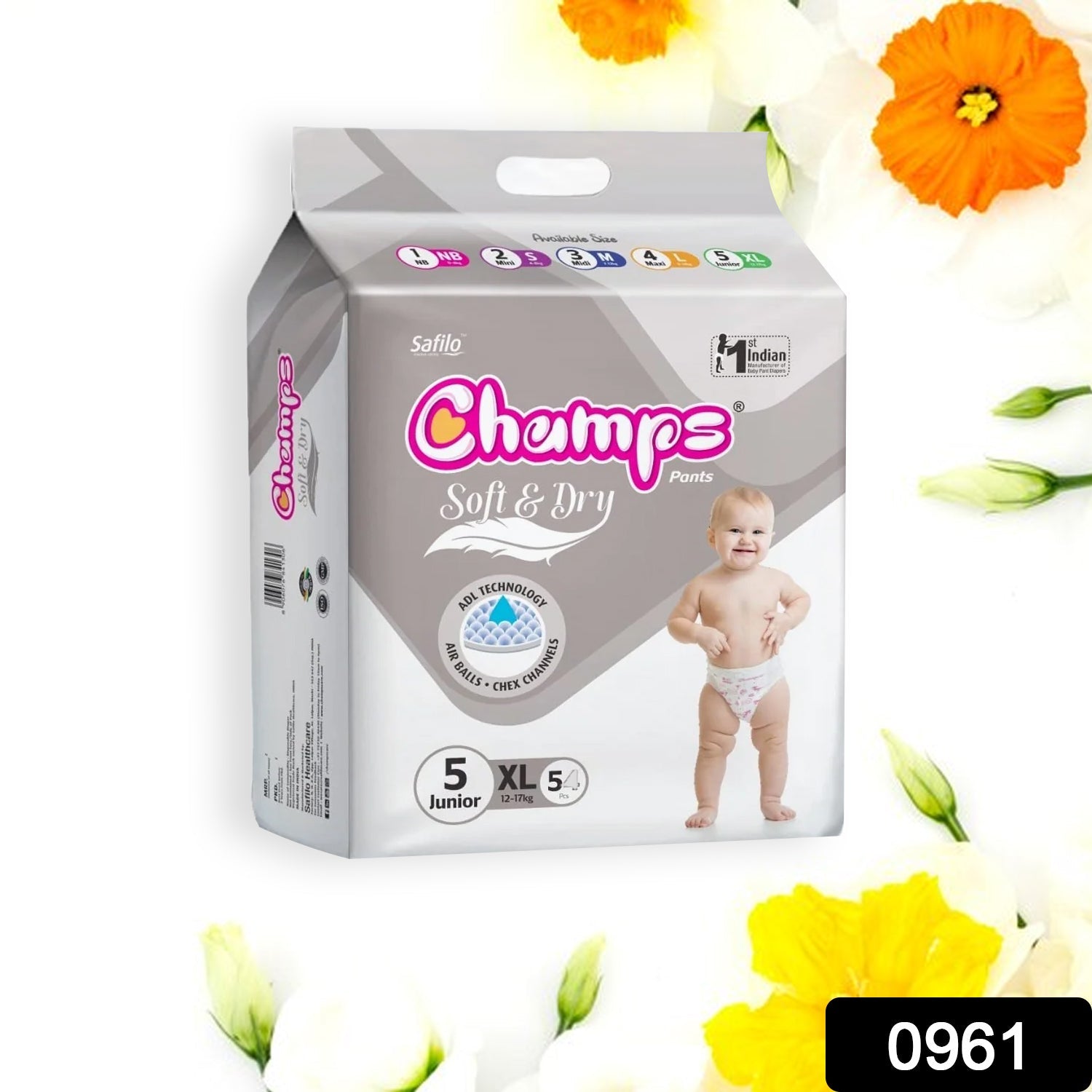 0961 Baby Diaper High Absorbent Pant Diapers, Champs Soft and Dry Baby Diaper Pants Xl 54 Pcs (Extra Large , XL54 Pieces)