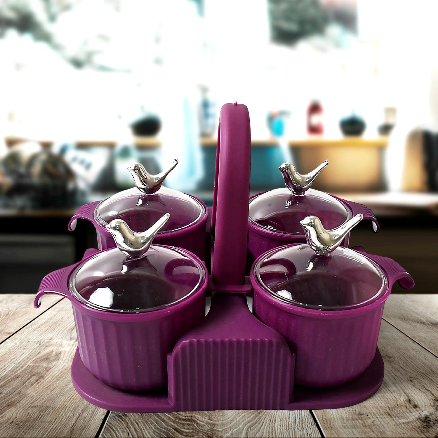 8221 Multipurpose Silver Sparrow, Jar Dry fruit Set, for Home and Kitchen Airtight Dry Fruit Plastic Storage Container Tray Set With Lid & 4 Serving Jar Container for Sweets, Chips, Cookies | (4 Pc Set)