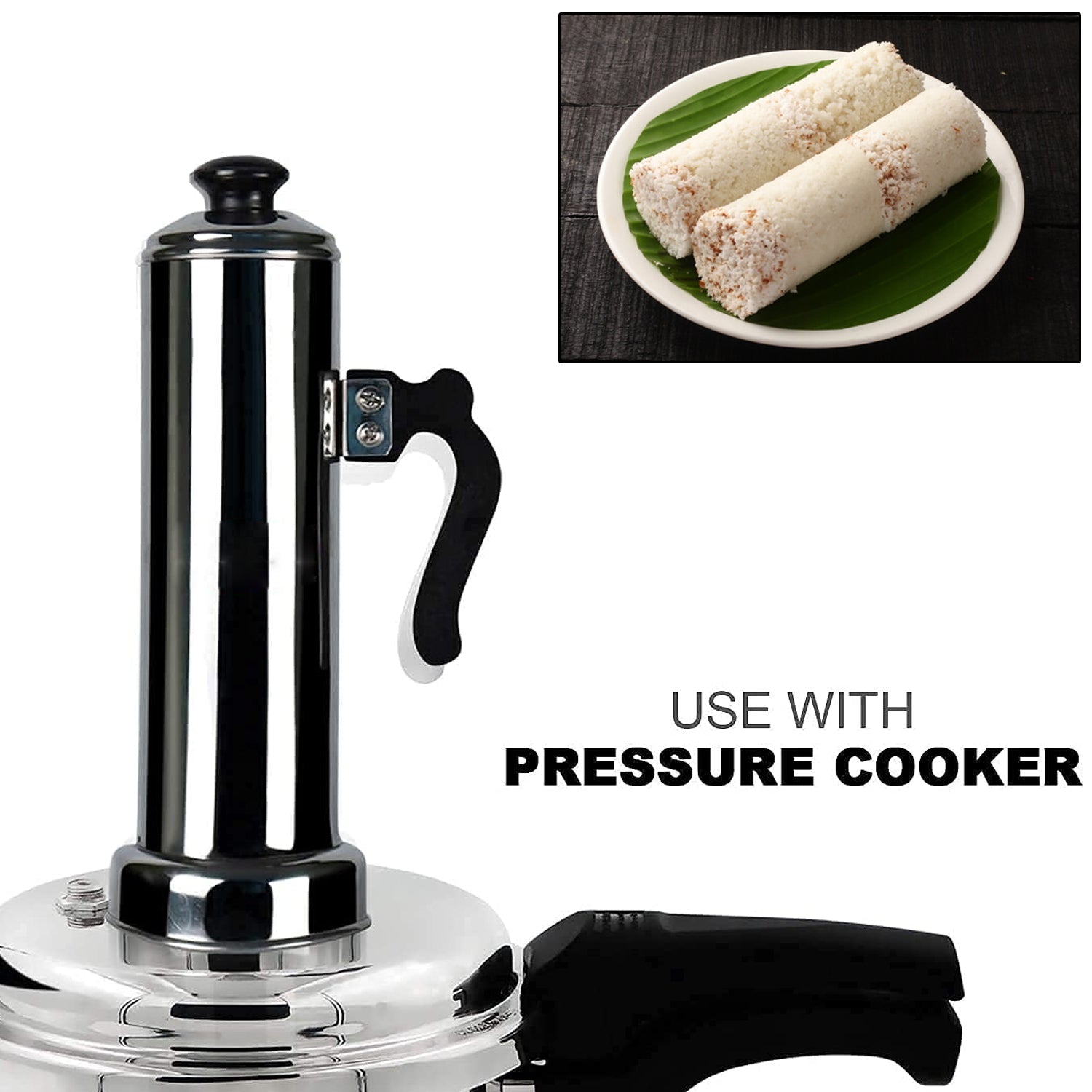 5311 Puttu Maker with Steamer Plate, Metal Stick, Black Plastic Handle, Silver Lid, Puttu Maker Set To Use with Pressure Cooker Top, Food Grade Stainless Steel