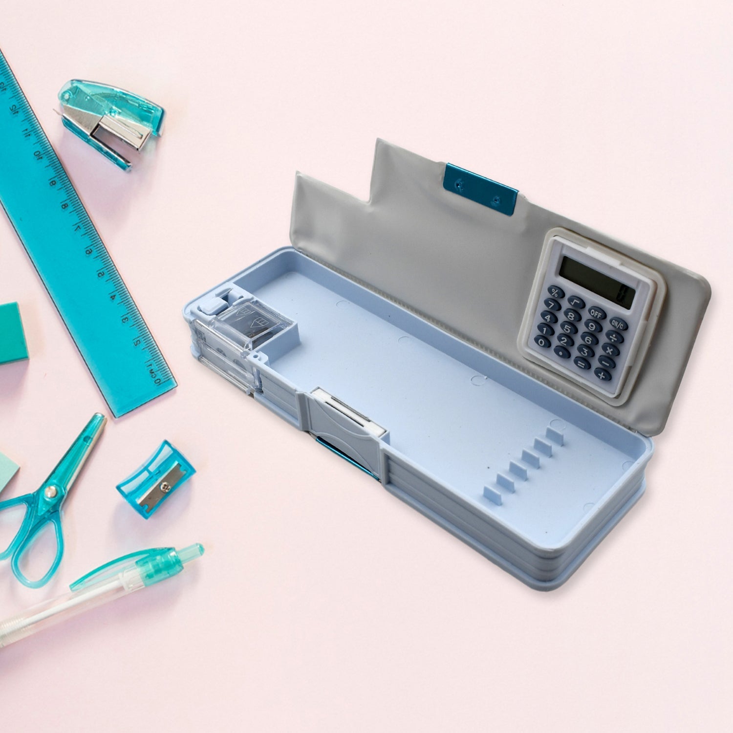 4570 Double Sided Magnetic Geometry Box, Pencil Box with Calculator and Sharpener for Boys Art Plastic Pencil Box for Girls and Boys