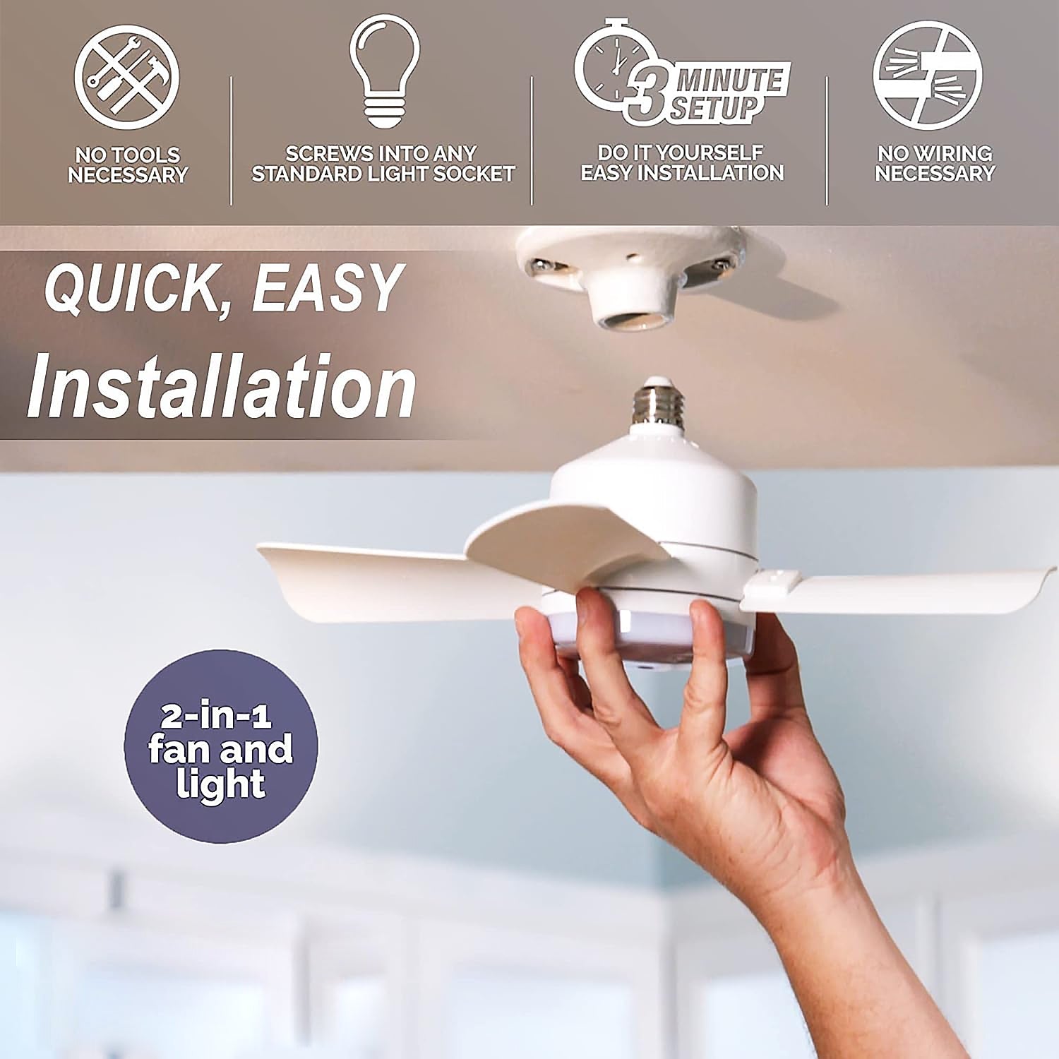 17845 Socket Fan Light Original - Cool Light LED โ Ceiling Fans with Lights and Remote Control, Replacement for Lightbulb - Bedroom, Kitchen, Living Room,1000 Lumens / 5000 Kelvins Cool LEDs (Remote Battery Not Included)