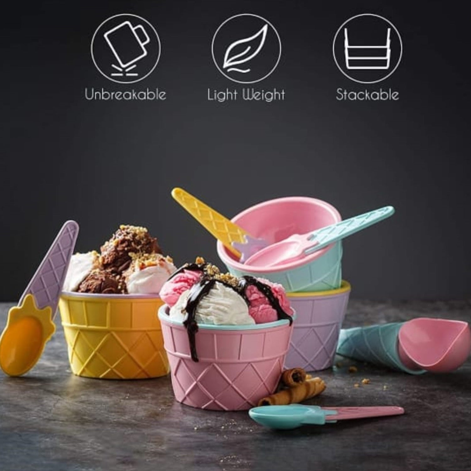 5321  ICE CREAM BOWL & Spoon Set PLASTIC SOLID COLOUR CREAM CUP COUPLE BOWL WITH SPOON. ICE CREAM SPOON & BOWL SET, 12 PC SET OF ICE CREAM BOWL & SPOON (MULTI COLOR)