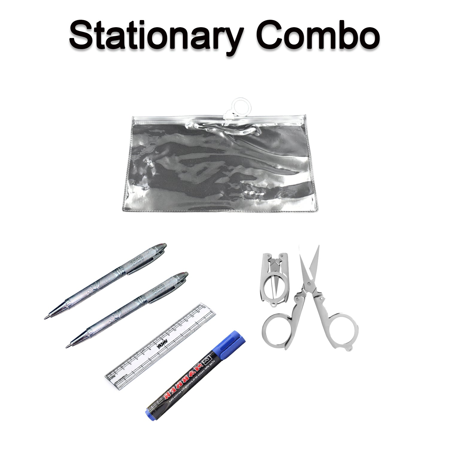 4848 6-Pcs Combo Zipper Pouch scissor Ruler Pen And Marker Used While Studying By Teachers And Students In Schools And Colleges Etc.