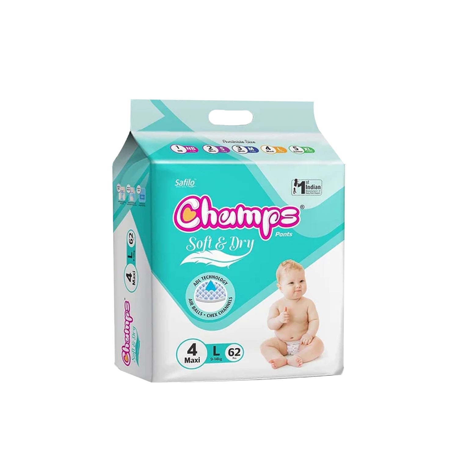 0958 Champs Soft and Dry Baby Diaper Pants 62 Pcs (Large Size L62)
