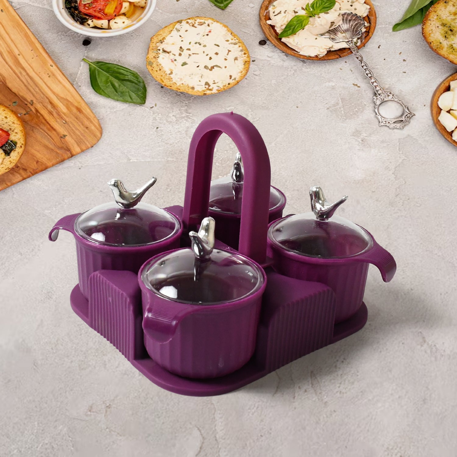 8221 Multipurpose Silver Sparrow, Jar Dry fruit Set, for Home and Kitchen Airtight Dry Fruit Plastic Storage Container Tray Set With Lid & 4 Serving Jar Container for Sweets, Chips, Cookies | (4 Pc Set)