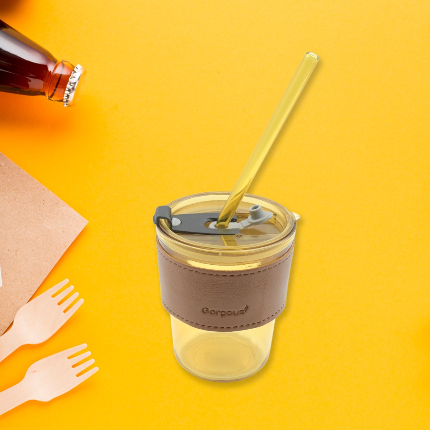 5887 Home Glass Coffee Mug/Tea Cup with Glass Straw and Leakproof Lid Travel Friendly Cups with Heatproof Sleeves