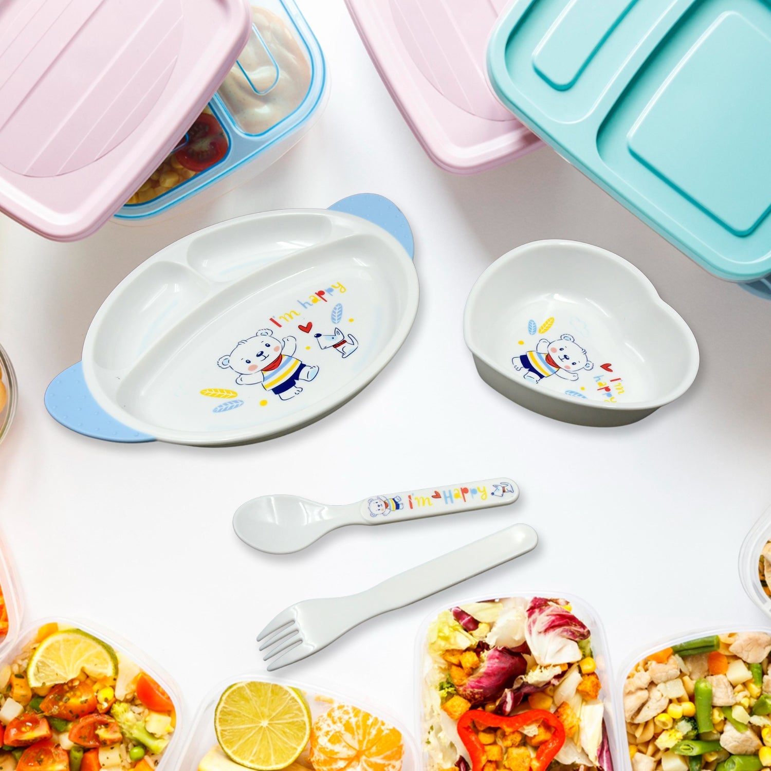 8176 5in1 Baby Feeding Set for Kids and Toddlers,Children Children Dinnerware Set - Feeding Set for Kids, Cartoon Design Plate, Cup, Spoon, Fork Tableware Cutlery for Kids Microwave & Dishwasher Safe (5 Pcs Set)