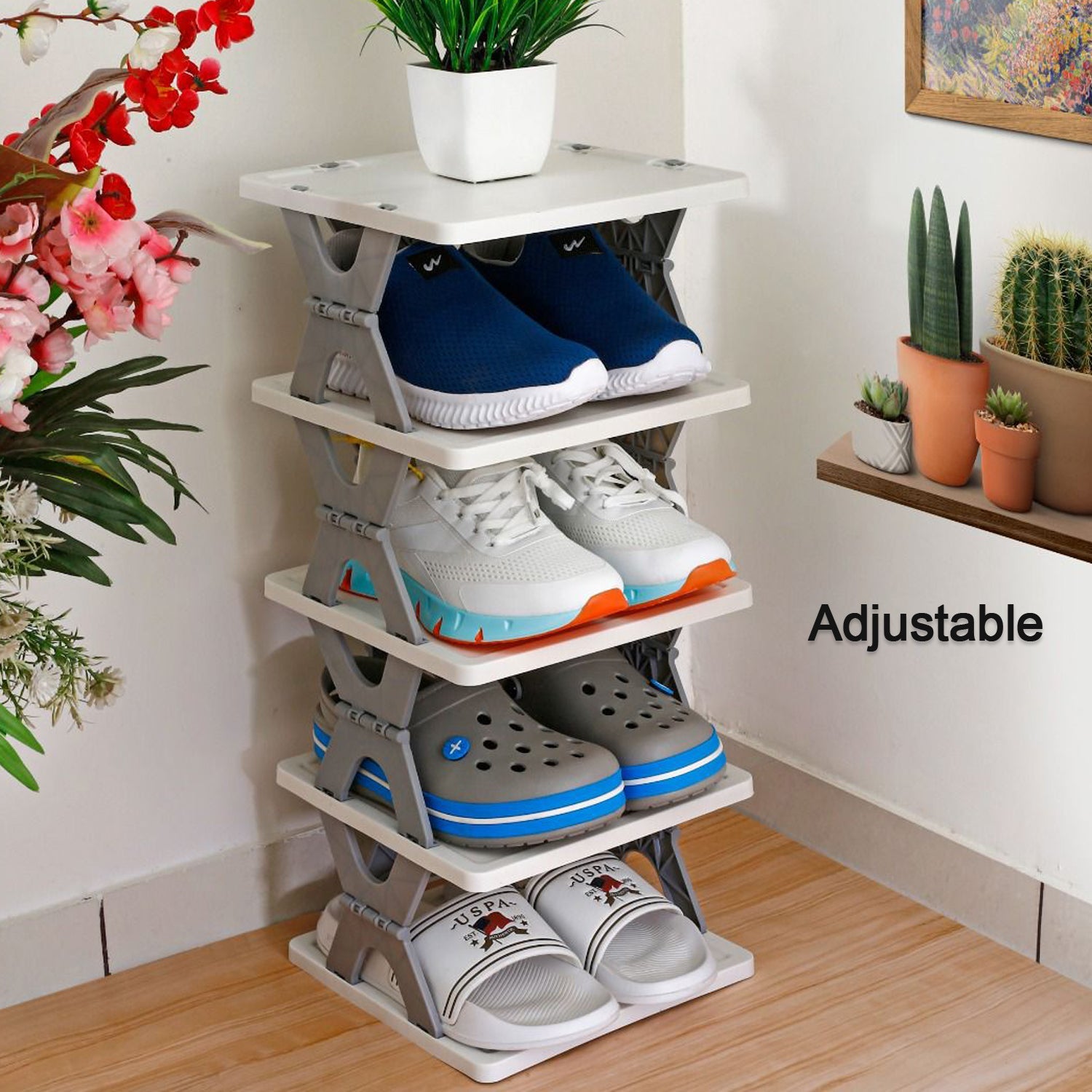 9098 SMART SHOE RACK WITH 8 LAYER SHOES STAND MULTIFUNCTIONAL ENTRYWAY FOLDABLE & COLLAPSIBLE DOOR SHOE RACK FREE STANDING HEAVY DUTY PLASTIC SHOE SHELF STORAGE ORGANIZER NARROW FOOTWEAR HOME