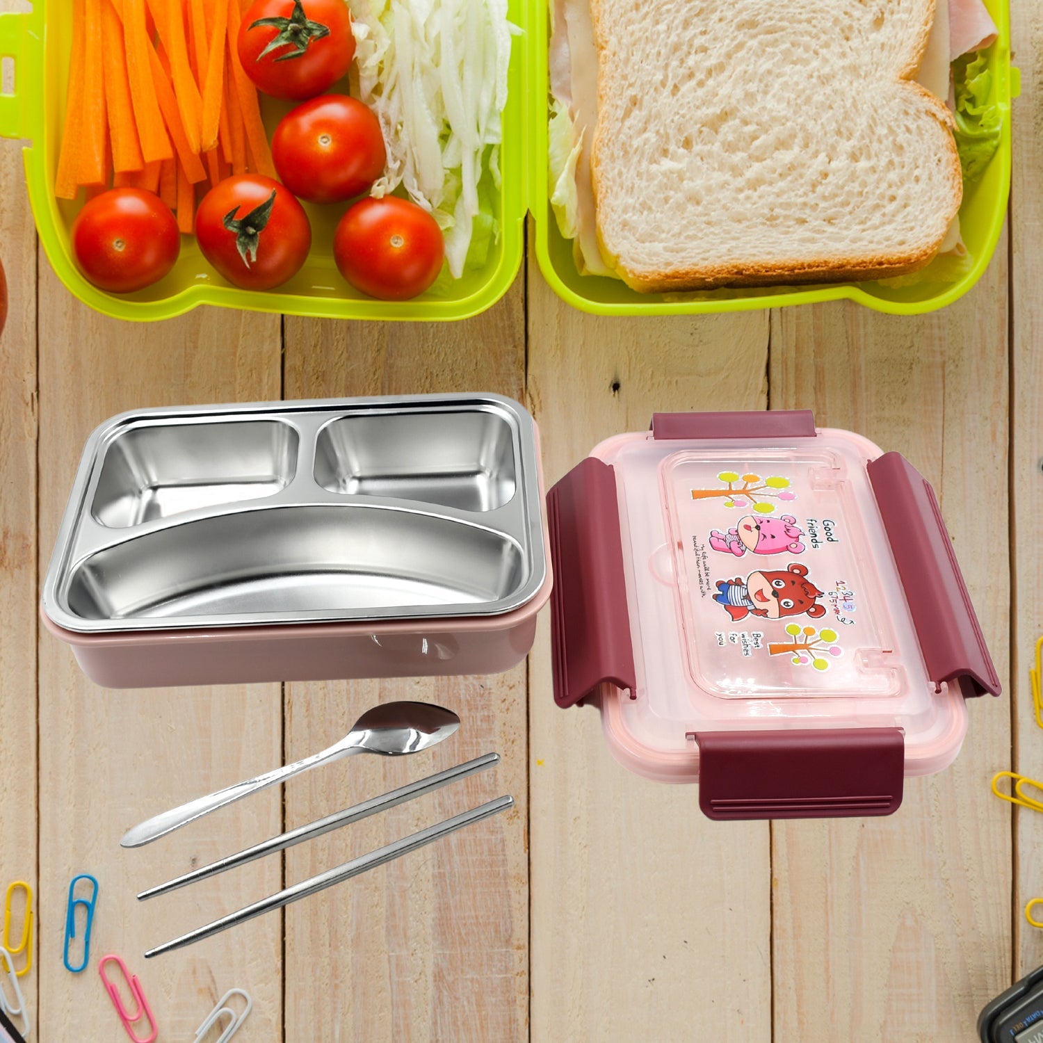 5954 Food‑Safe Materials Kids Lunch Box With steel Spoon & chopsticks Compartment is Designed Made of 304 Stainless Steel Easy to Clean for School for Camping for Work for Home, Office