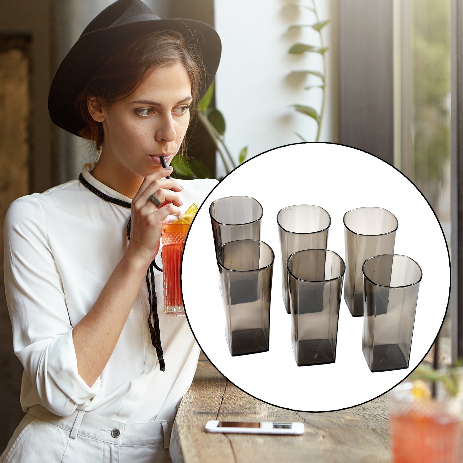 4974 Unbreakable Stylish Transparent Square Design Water/Juice/Beer/Wine Tumbler Plastic Glass Set ( 300 ML, Pack of 6) ( Black )