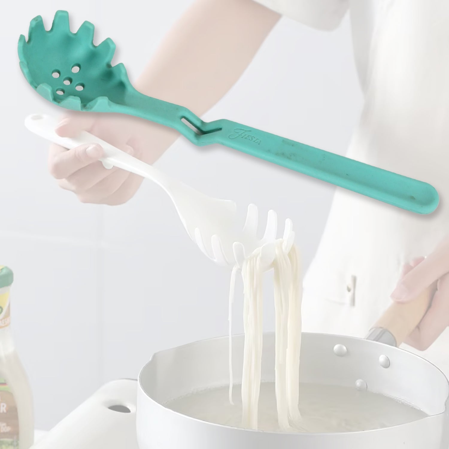 8537 Premium XL Silicone Pasta Fork, High Heat Resistant to 600°F, Hygienic One Piece Design, Spaghetti Strainer & Server Spoon