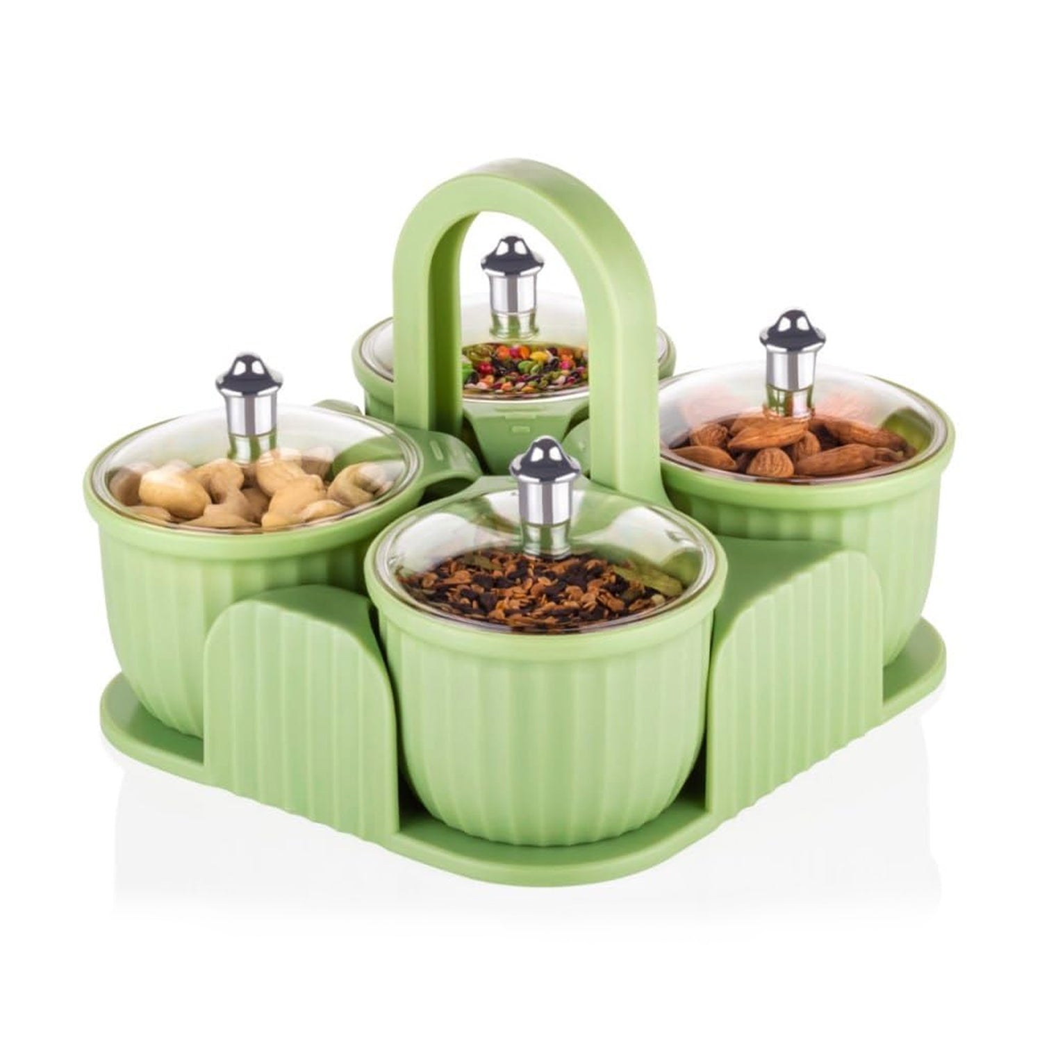 5779 Multipurpose Jar Dryfruit Set, Candy, Chocolate, Snacks Storage Jar, Masala Jar for Home and Kitchen Airtight Dry Fruit Plastic Storage Container Tray Set With Lid & 4 Serving Jar Container for Sweets,Chips,Cookies|(4 Pc Set)