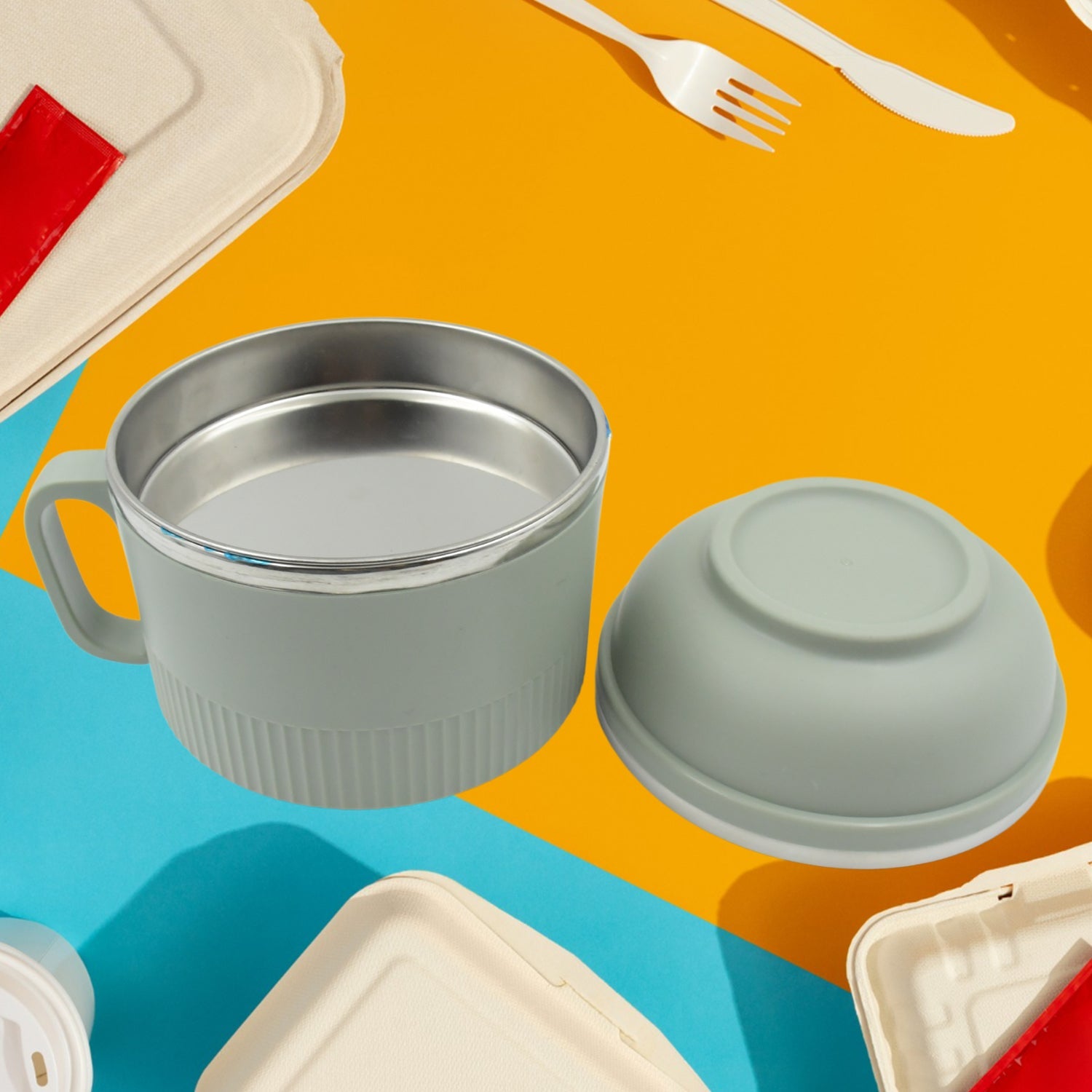 5843 Vacuum Food Flask, Insulation Large Capacity Double Layer Structure Non Slip Labor Saving and Safe Stainless Steel Inner Tank Lunch Box/ Noodle Bowl for Camping Picnic for School Office Outdoor (1 Pc)