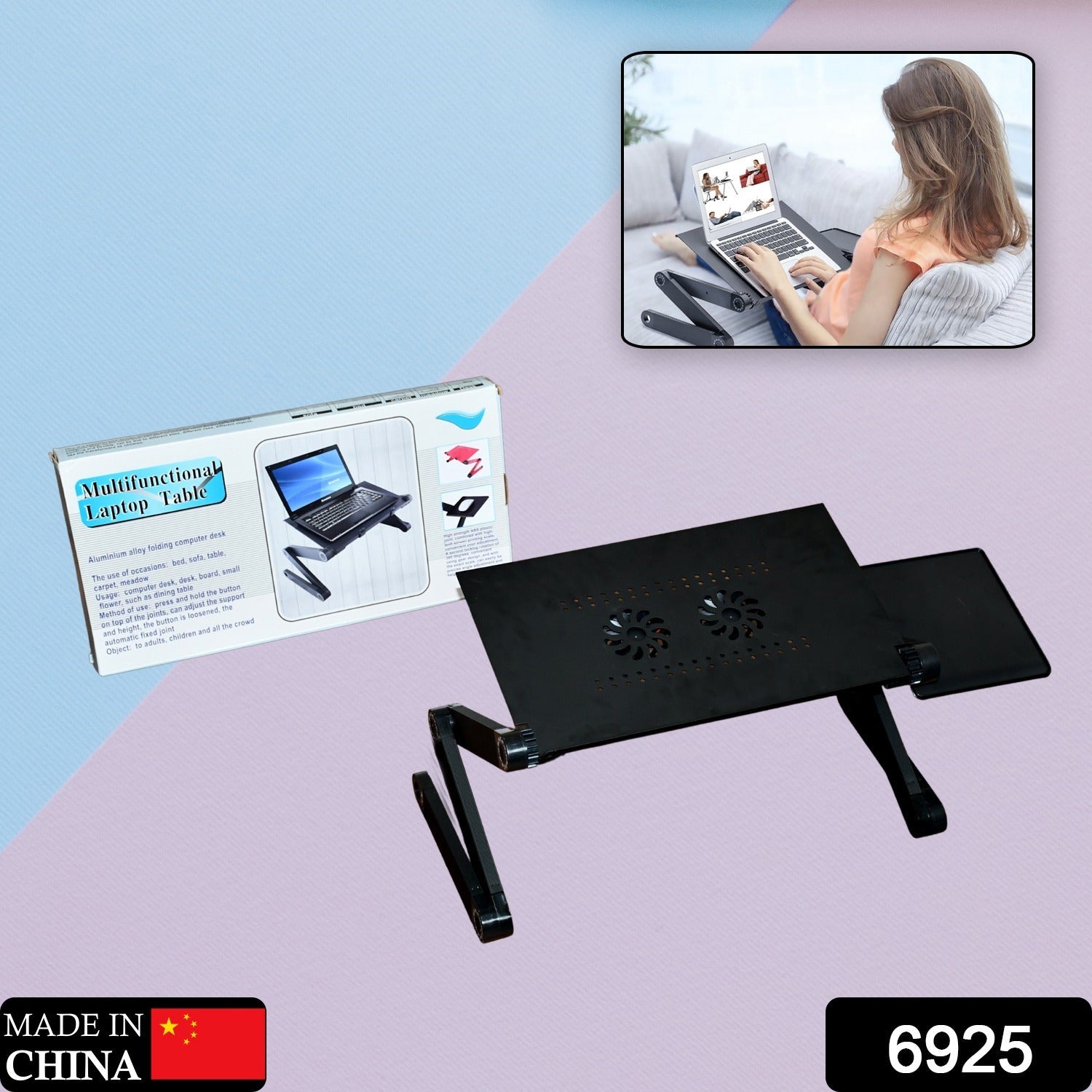 6925 Modern Style Portable Adjustable Foldable Laptop Holder Notebook Desks Lap PC Folding Desk Table Vented Stand 2 Built in Cooling Fans