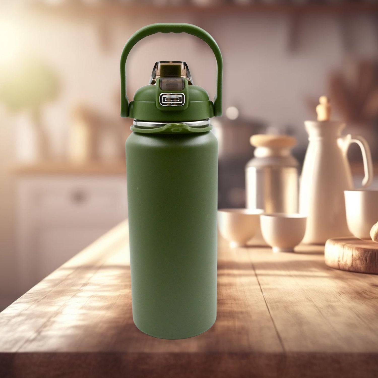 13039 Stainless Steel Water Bottle with Straw, Strap & Handle Vacuum Insulated Thermos Flask Double-Walled Coffee Thermos Flask Leak-proof Water Bottle for Sports, Fitness, Gym (1500ML)