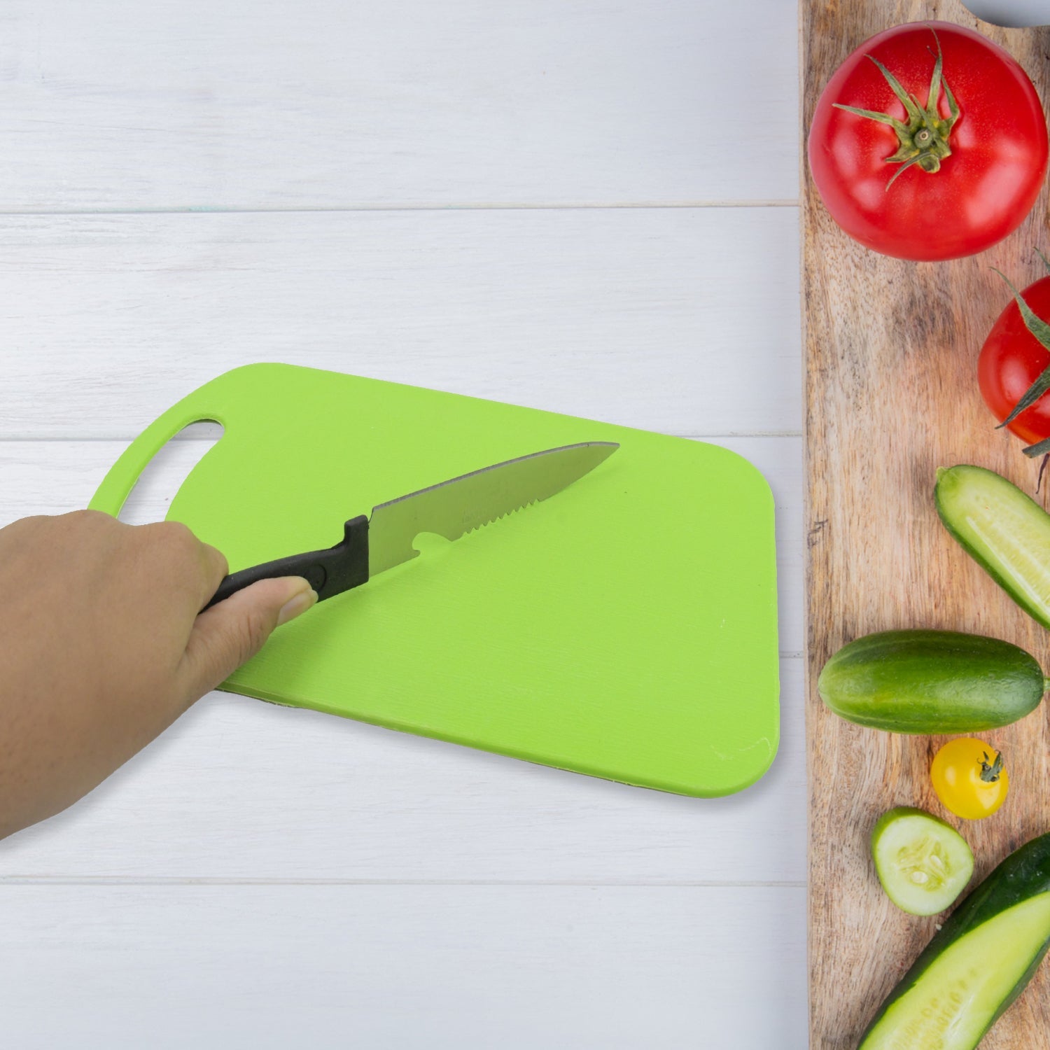 5813 Premium Plastic Chopping Board & Steel Knife Vegetable Chopping Board With Knife Cutting Board for Kitchen Chopper Fruit and Vegetable Cutter Chopper Plastic (3 Pc Set)