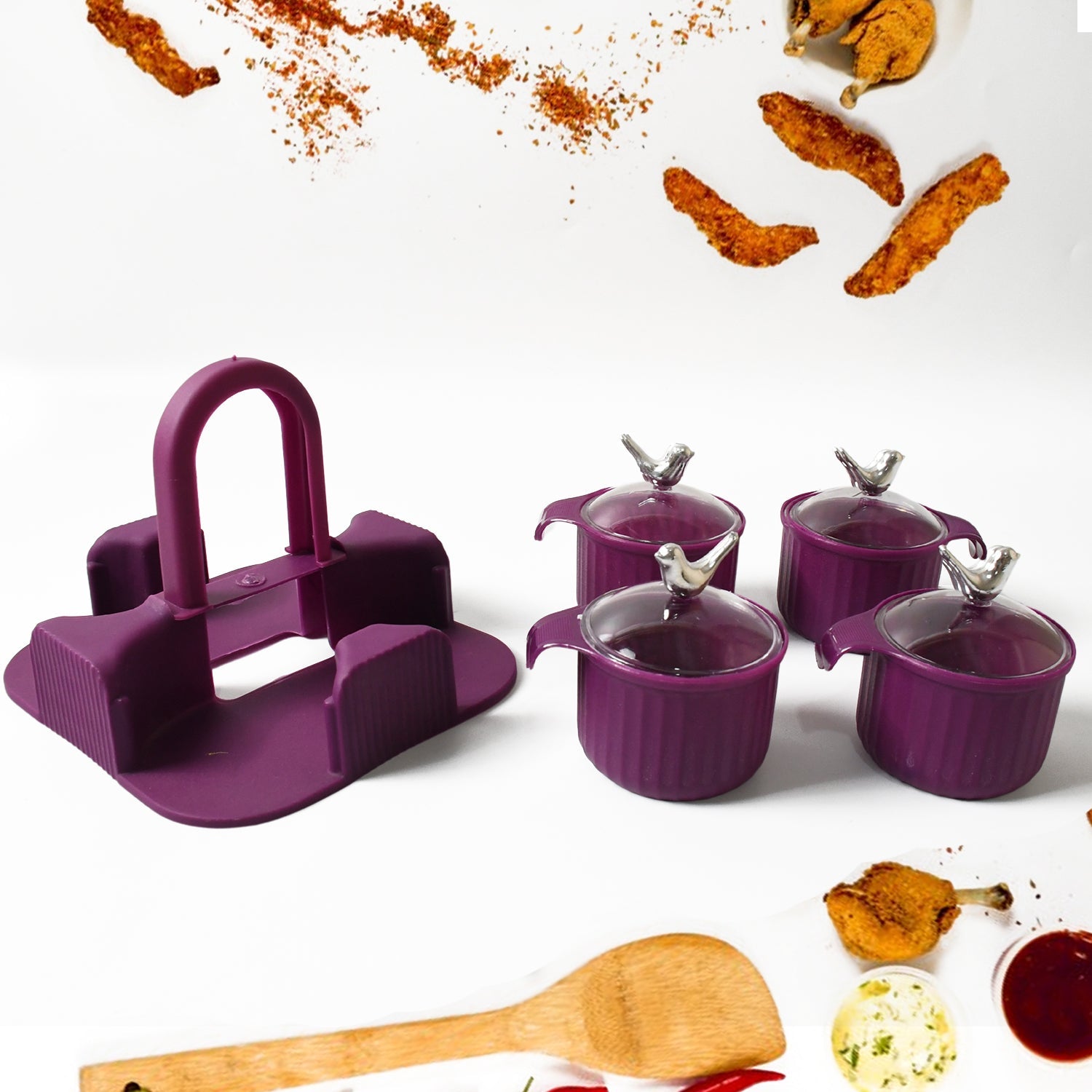 8221 Multipurpose Silver Sparrow, Jar Dry fruit Set, for Home and Kitchen Airtight Dry Fruit Plastic Storage Container Tray Set With Lid & 4 Serving Jar Container for Sweets, Chips, Cookies | (4 Pc Set)