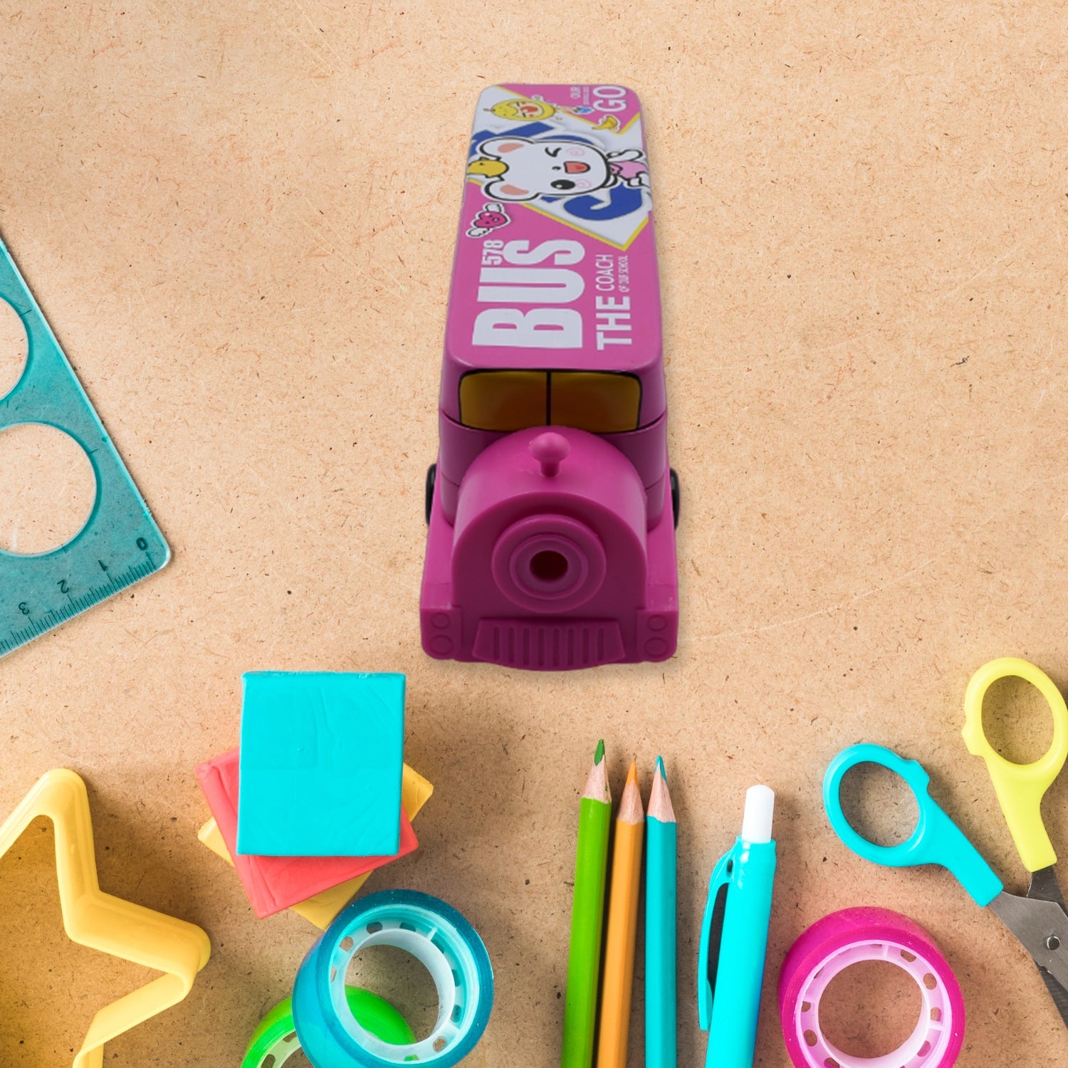 4672 Double Decker Magic Bus Compass 2 Layer Metal Bus Compass Pencil Case with Movable Wheels & Sharpener Bus Shape with Tiers Metal Pencil Box for Kids Birthday Party