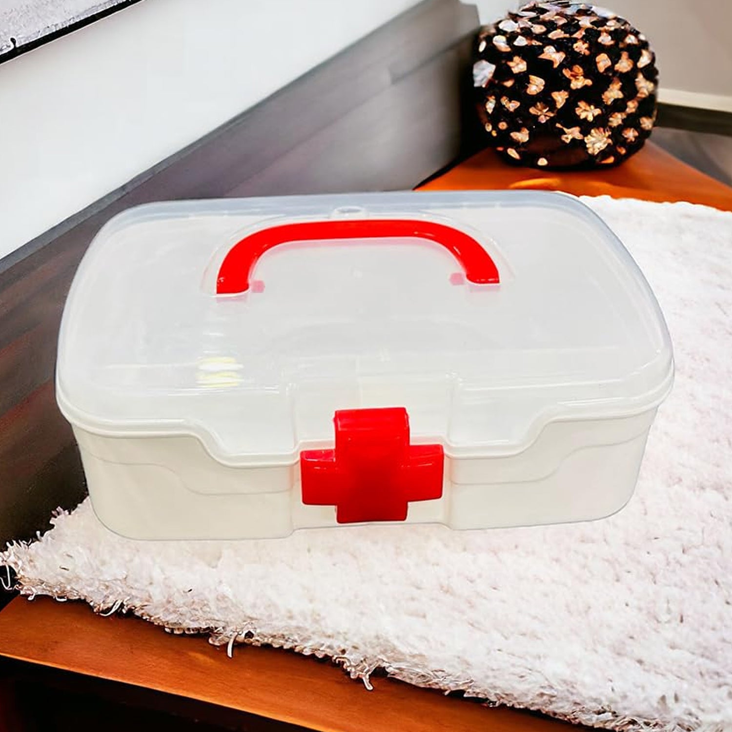 12980 3 Compartment Medical Box, 1 Piece, Indoor Outdoor Medical Utility, Medicine Storage Box, Detachable Tray Medical Box Multi Purpose Regular Medicine, First Aid Box with Handle, Transparent Lid & Color Box