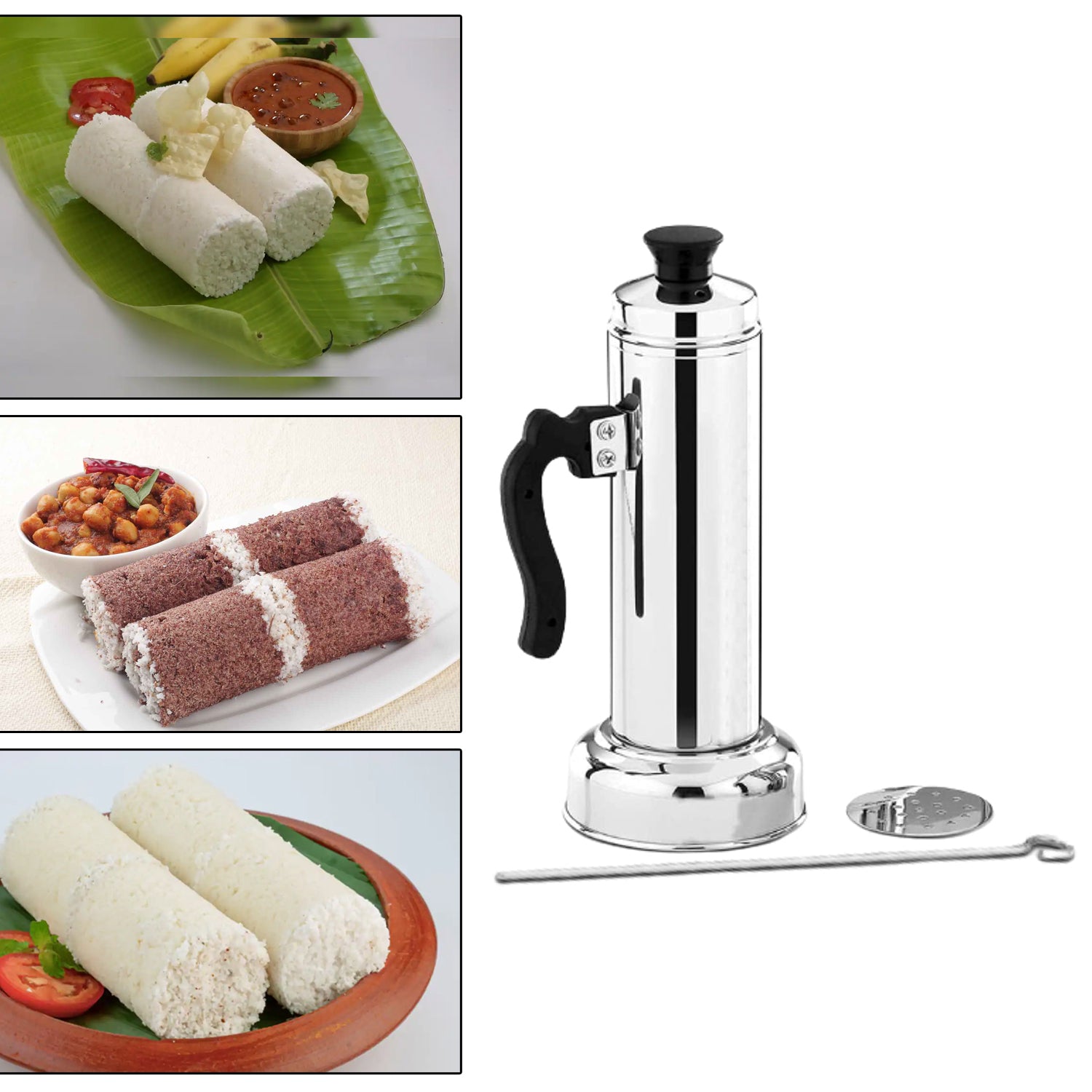 5311 Puttu Maker with Steamer Plate, Metal Stick, Black Plastic Handle, Silver Lid, Puttu Maker Set To Use with Pressure Cooker Top, Food Grade Stainless Steel