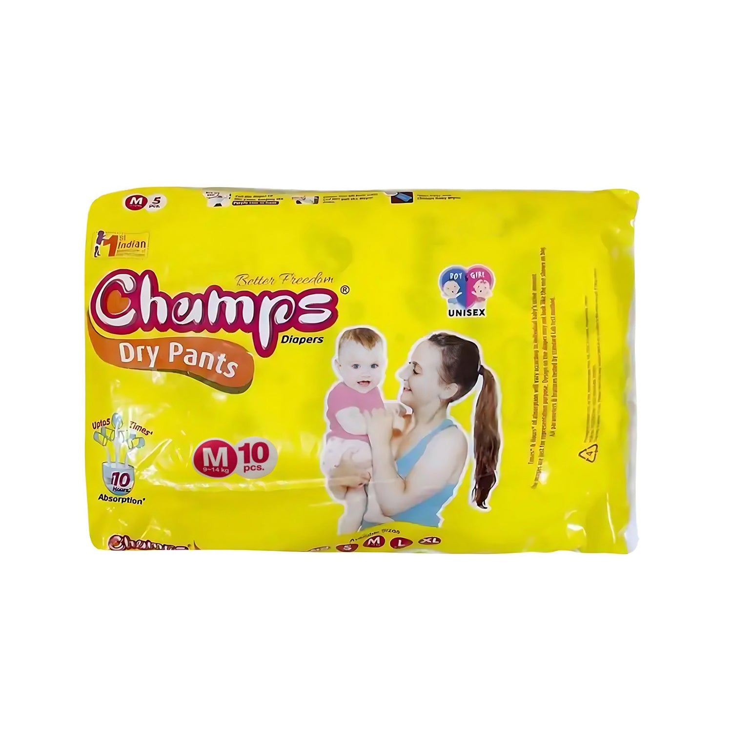 0966 Medium Champs Dry Pants Style Diaper - Medium (10 pcs) Best for Travel Absorption, Champs Baby Diapers, Champs Soft and Dry Baby Diaper Pants (M, 10 Pcs )