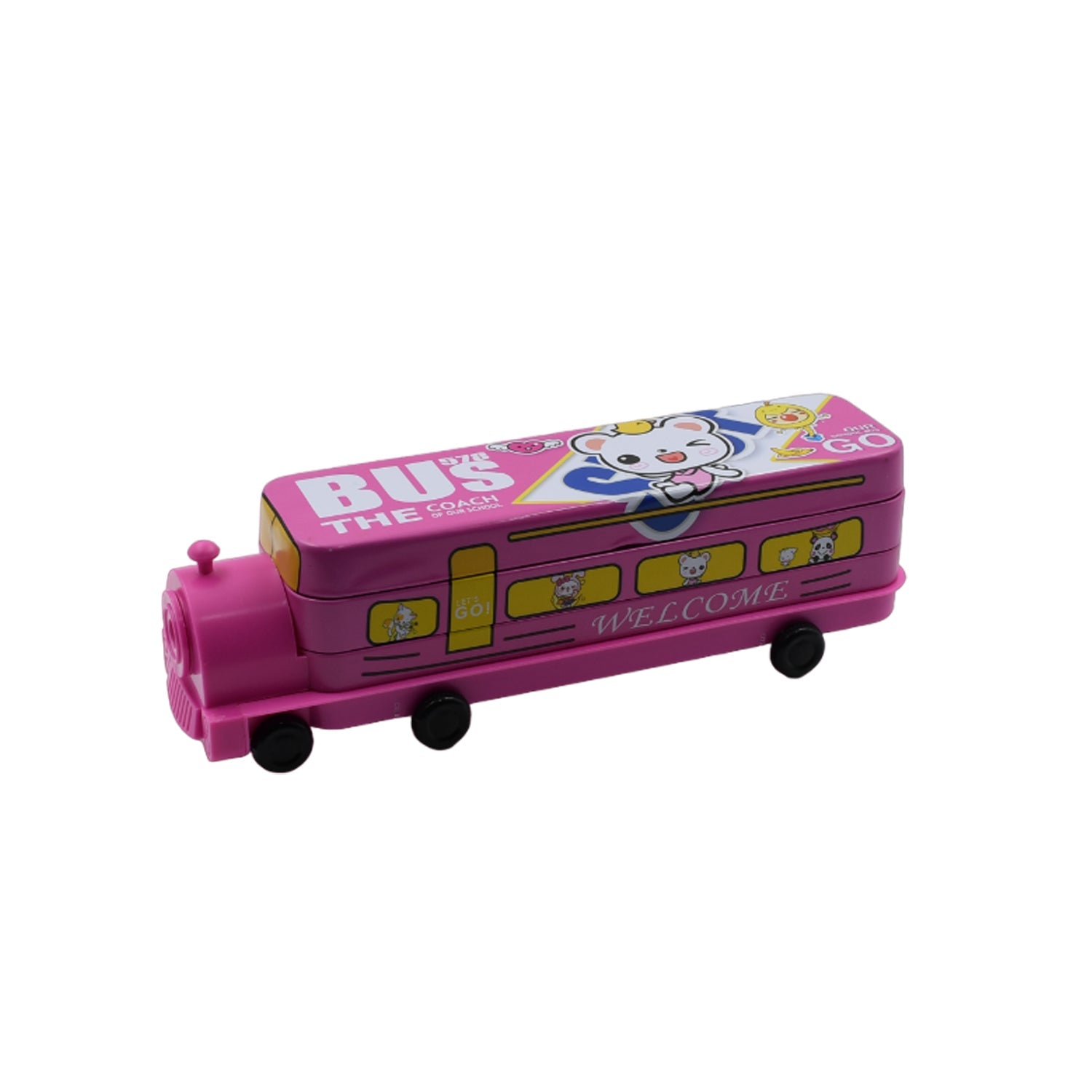 4672 Double Decker Magic Bus Compass 2 Layer Metal Bus Compass Pencil Case with Movable Wheels & Sharpener Bus Shape with Tiers Metal Pencil Box for Kids Birthday Party