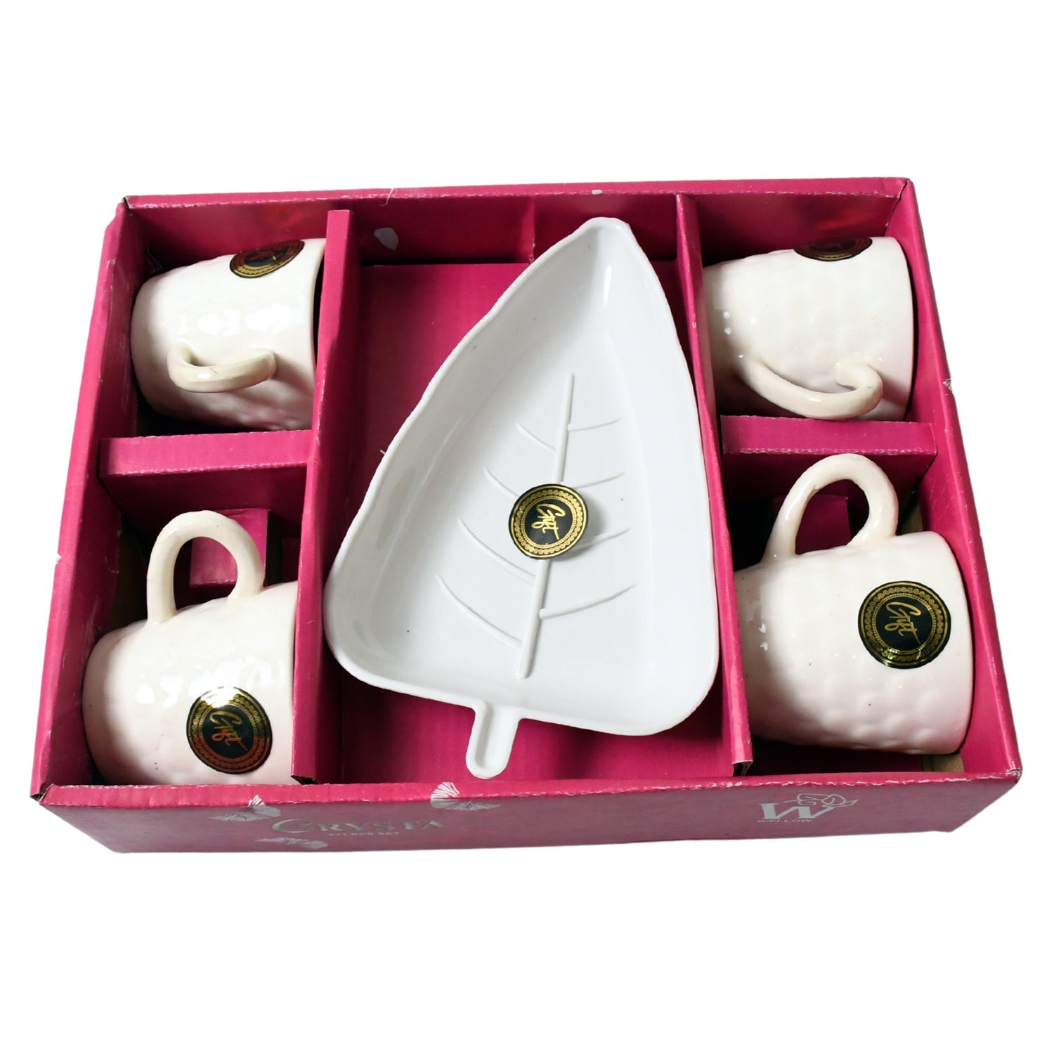 8222 Crysta Ceramic Tea Cups With Plastic tray Environmental Friendly Festival for Milk Cup, Coffee Cup, Tea Cup, Breakfast Cup, Drinking Mug or Outdoor for Household Gift For Birthday (5 Pcs Set)