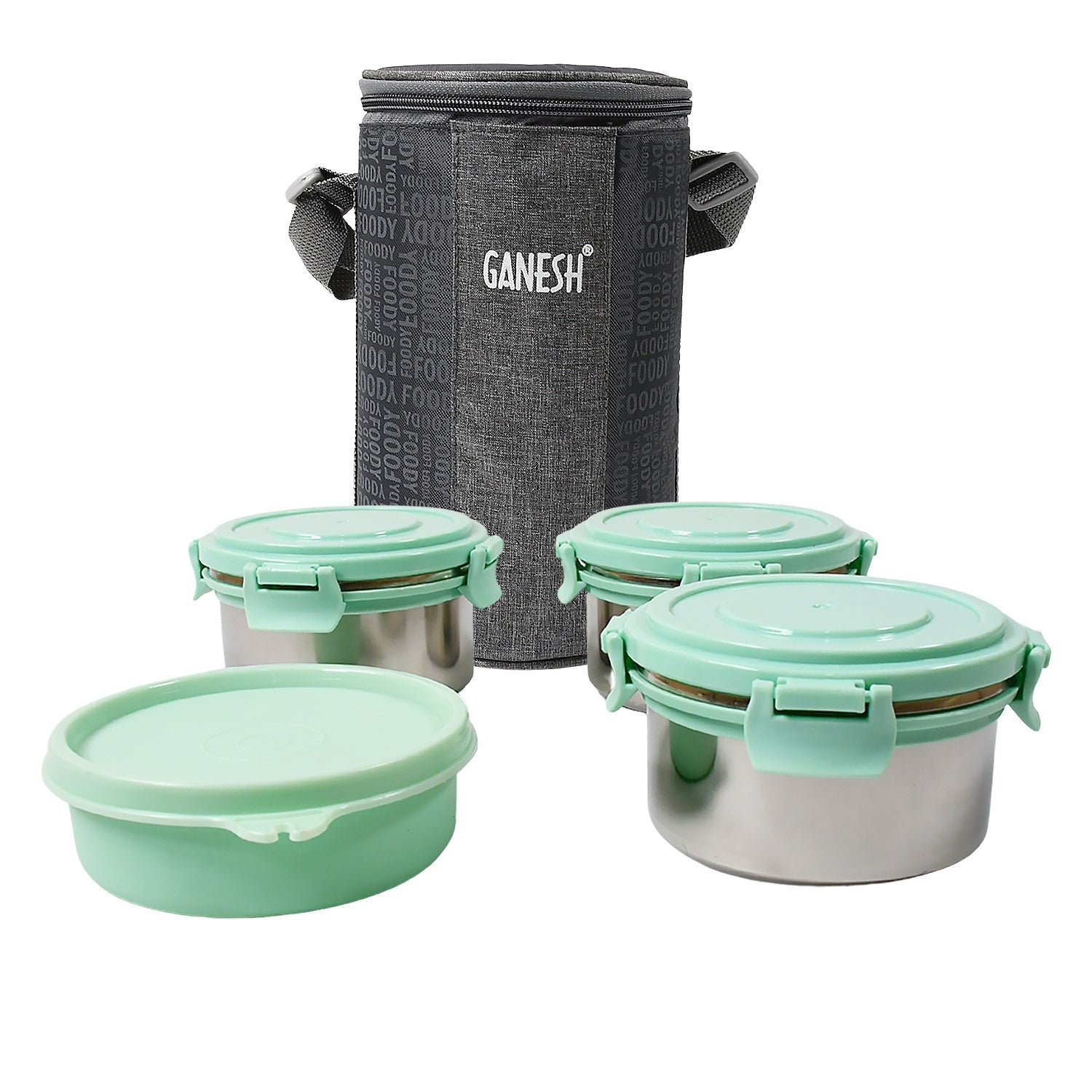 8717 Ganesh 4In1 Tiffin Box-Lunch Box | 3 Stainless Steel Containers 300 Ml Approx & Plastic Salad Container 200 Ml Approx| Plastic lid Box | Round Zip Bag | Leak Proof | Microwave Safe for Office, College and School for Men, Women