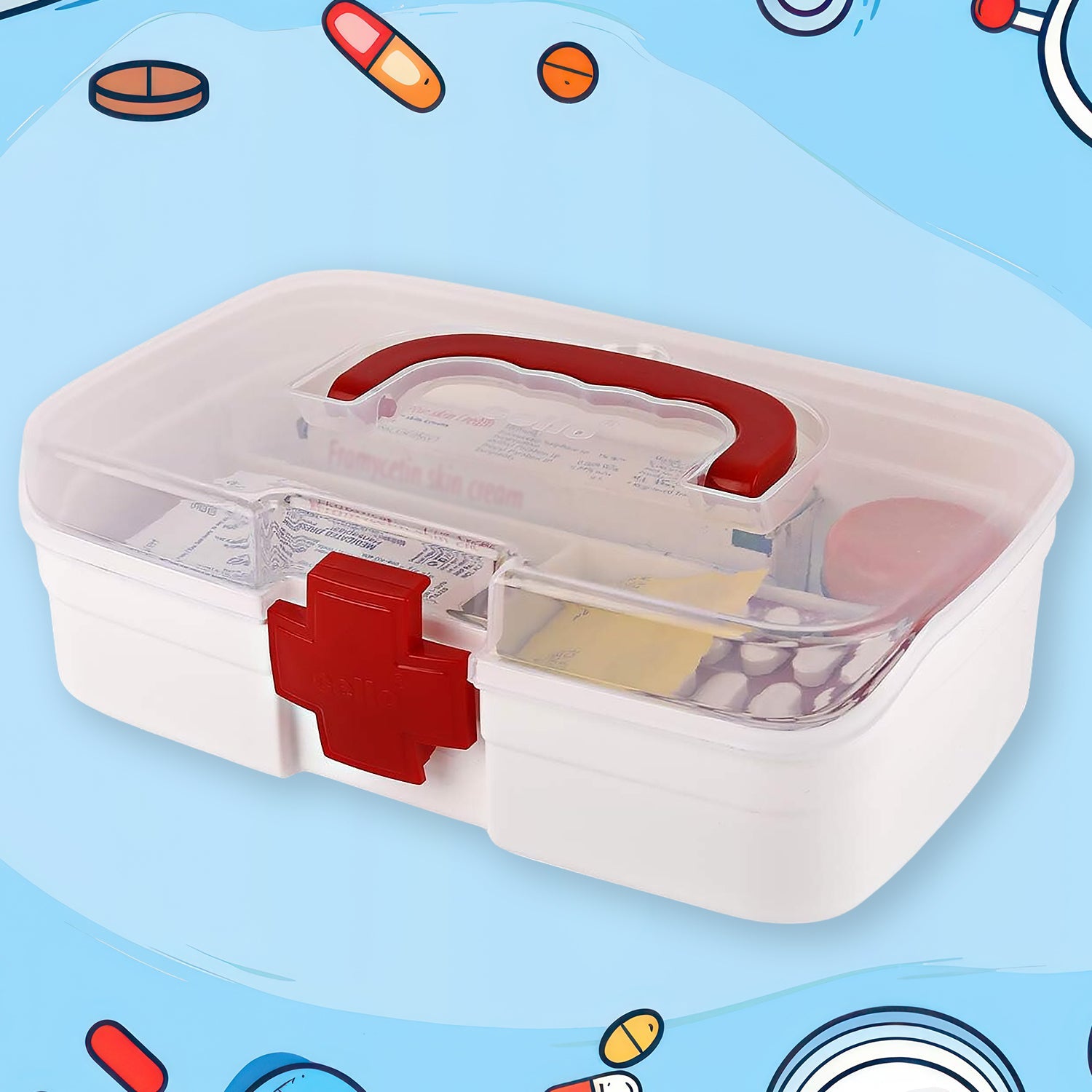 12980 3 Compartment Medical Box, 1 Piece, Indoor Outdoor Medical Utility, Medicine Storage Box, Detachable Tray Medical Box Multi Purpose Regular Medicine, First Aid Box with Handle, Transparent Lid & Color Box