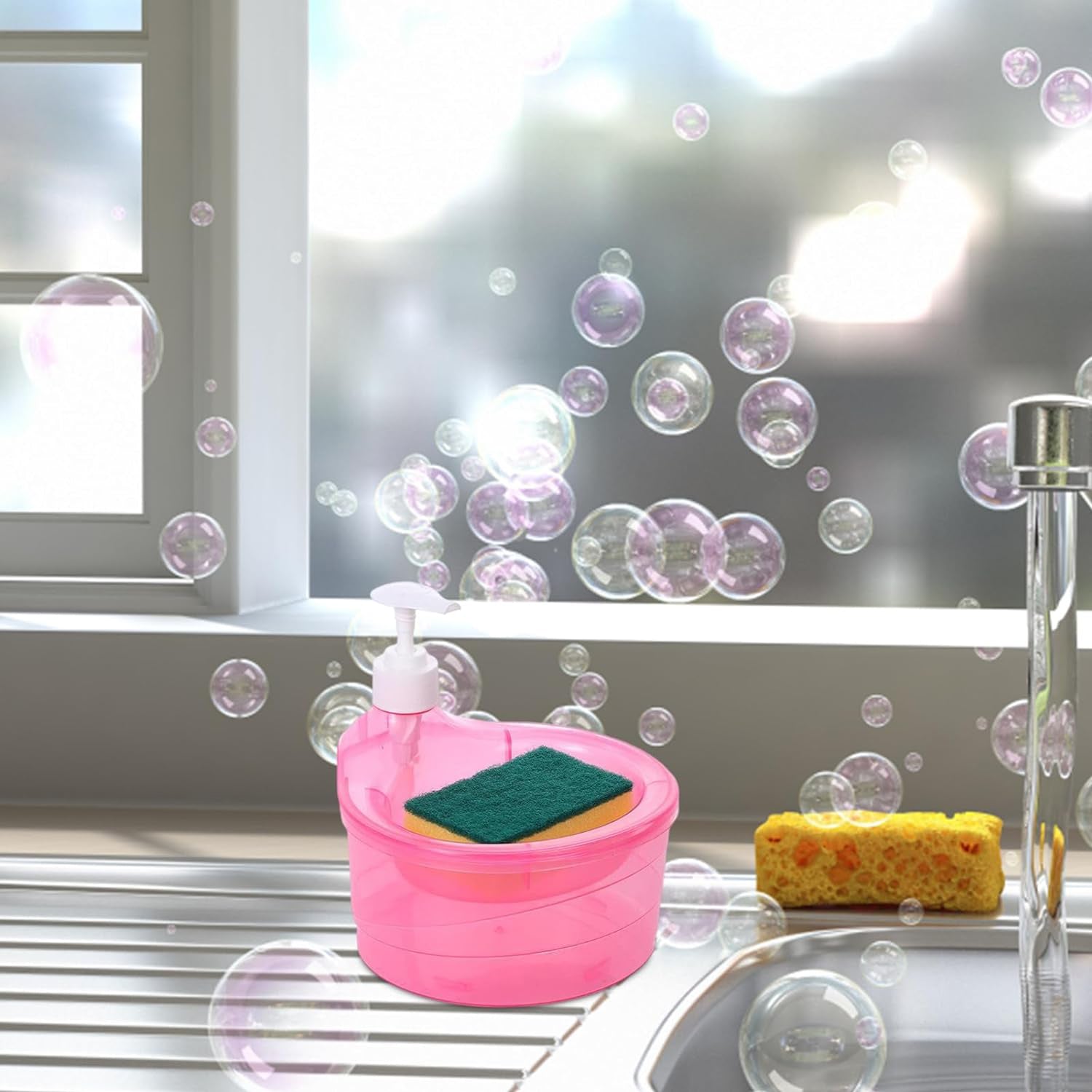 12589 Double Layer Liquid soap Dispenser with Pump and Sponge, Practical for Hotel Sink Clear, Soap Dispensing Liquid Pump Bottle for Home, Kitchen Rectangle ( 2 in 1 )