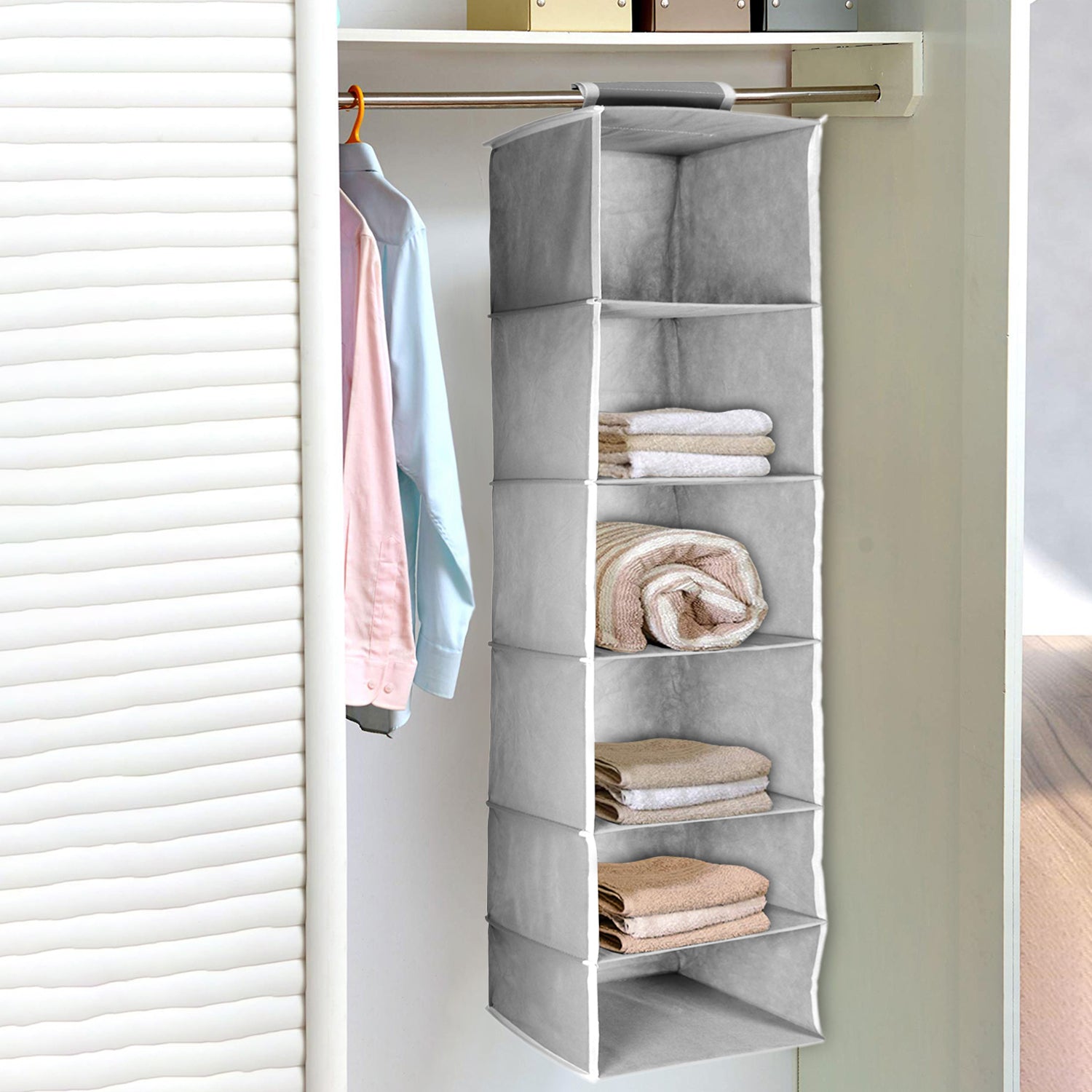 6370 6 Shelf Hanging Closet Organizer, Space Saver, Sweater & Clothing Shelves, Breathable Material Keeps Away Dust & Odors,