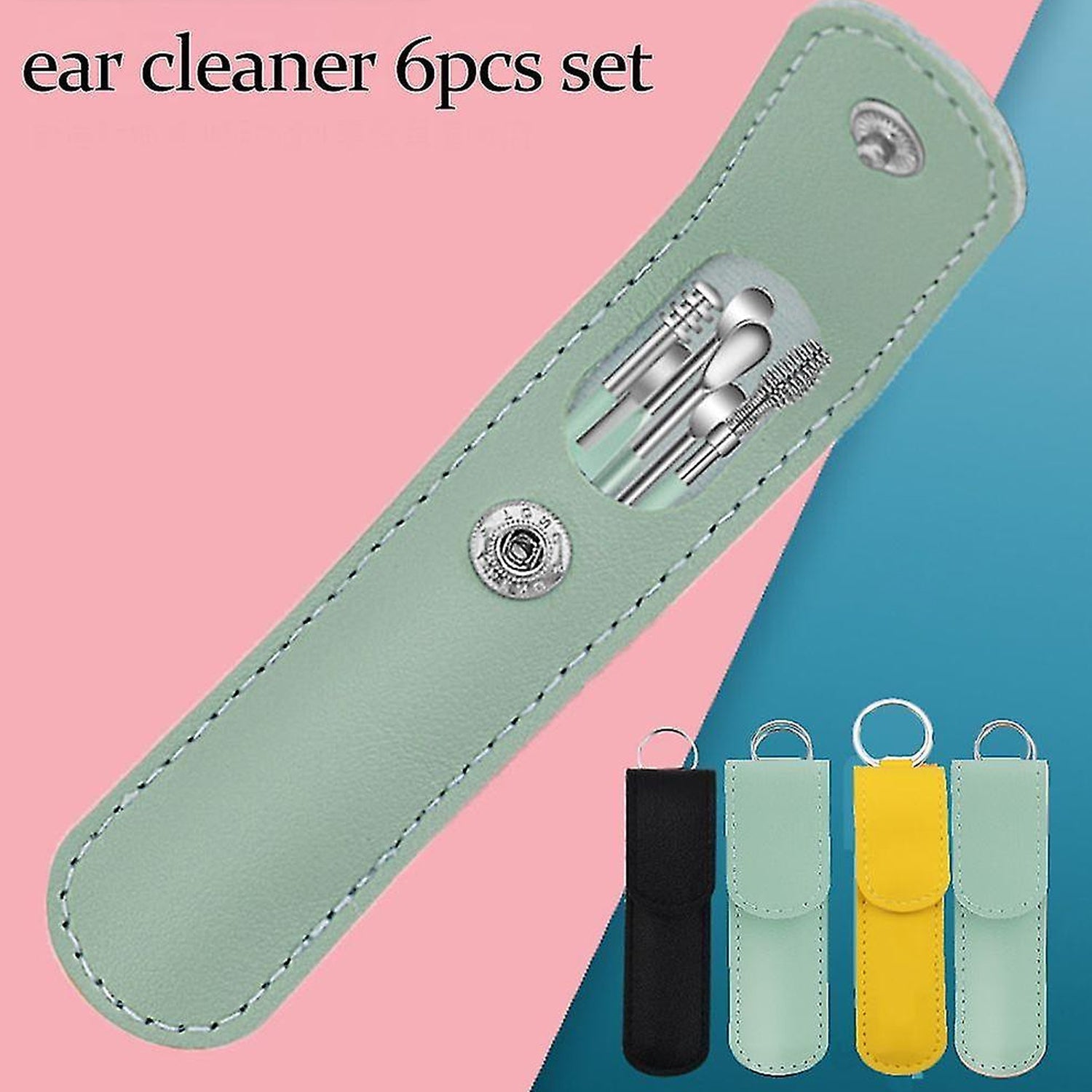6317 6-in-1 Ear Wax Cleaner- Resuable Ear Cleaning Tools Leather Pouch - Ear Pick Wax Remover Tool Kit with Ear Curette Cleaner and Spring Ear Buds Cleaner Fit in Pocket Great for Traveling
