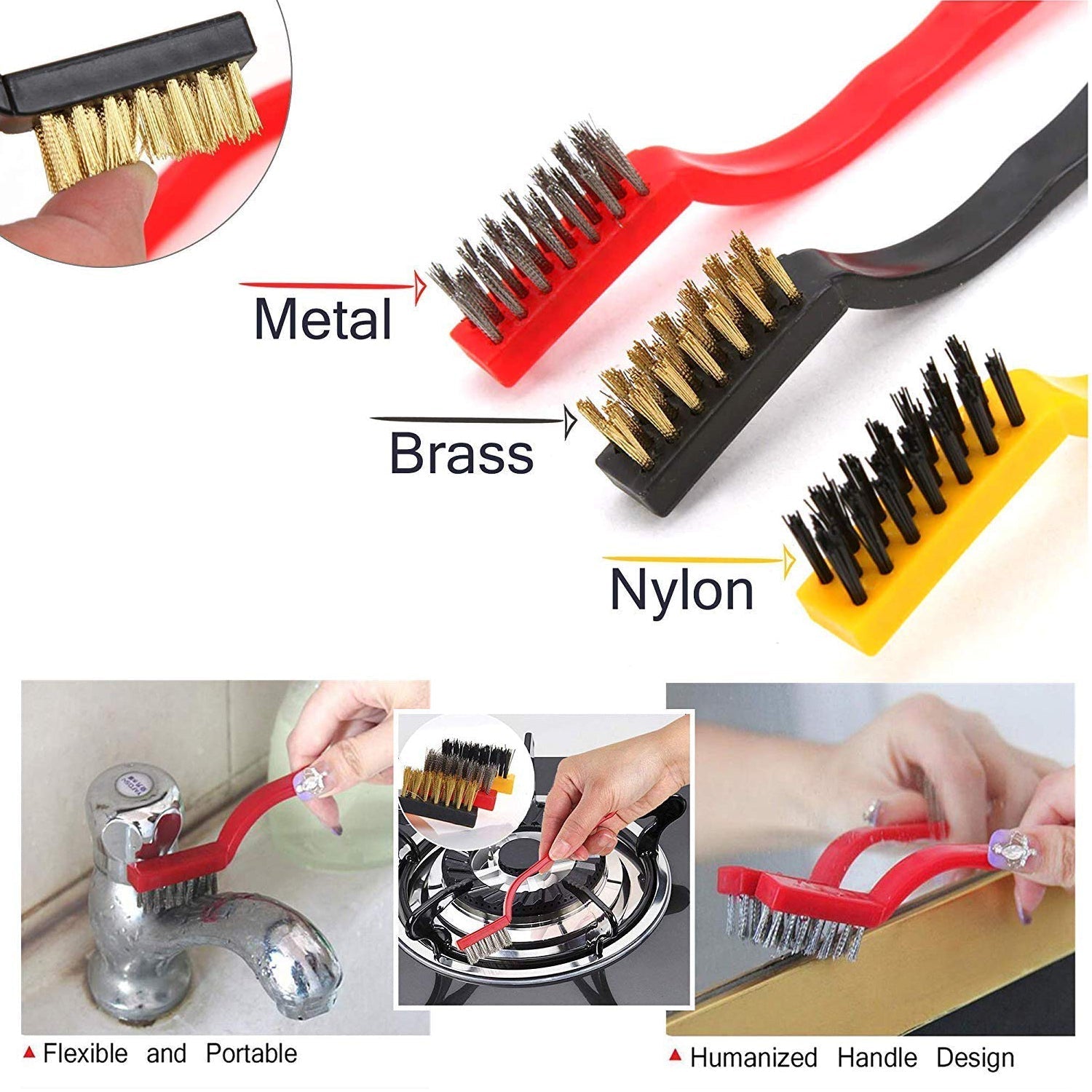 2166 3pc Mini Wire Brush Set Brass Nylon Stainless Steel Bristles Household Cleaning Brush for Gas Stove, Smoke Machine Tool Burner Tiles Tap Rust Removal Welding Slag Dirt & Paint Scrubbing.