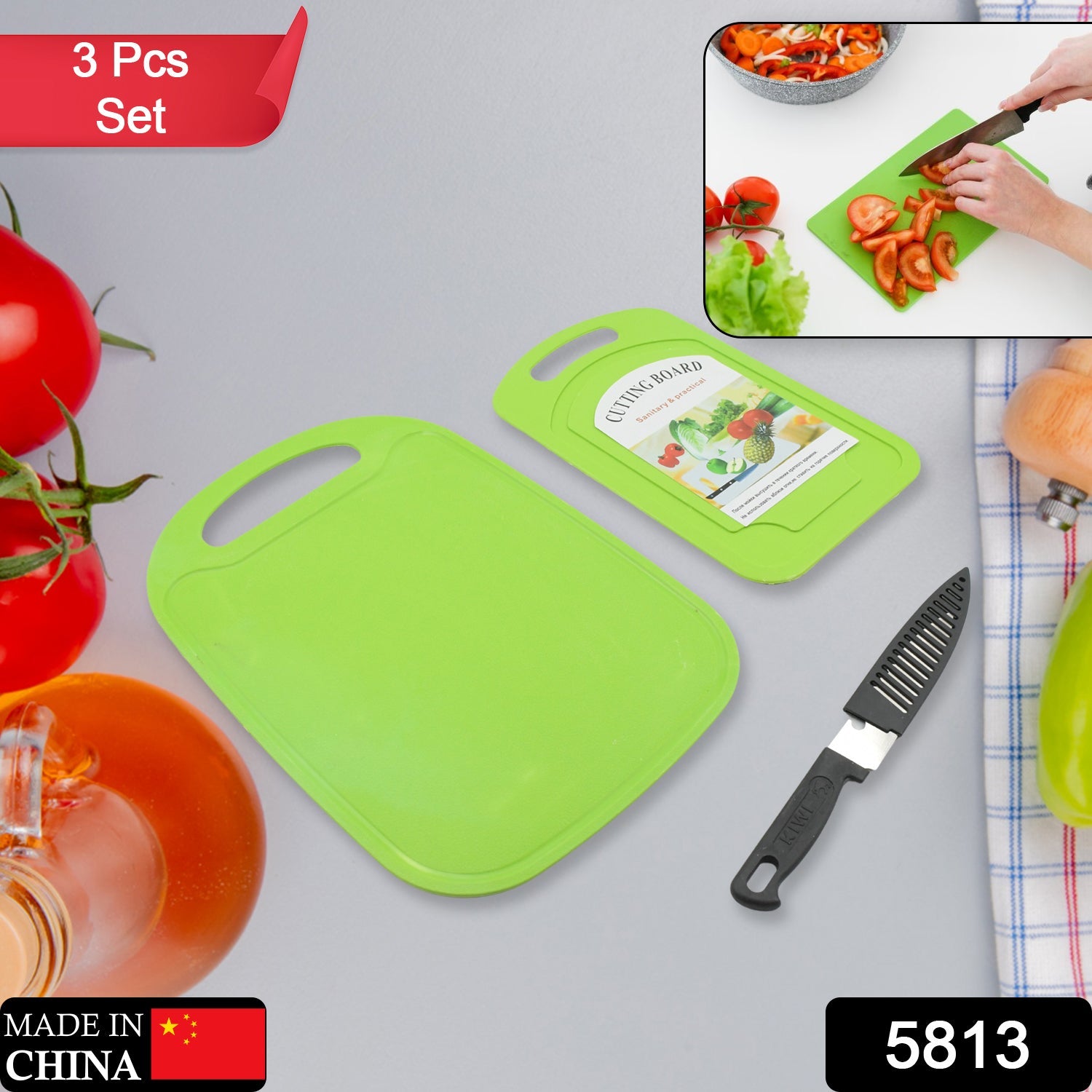 5813 Premium Plastic Chopping Board & Steel Knife Vegetable Chopping Board With Knife Cutting Board for Kitchen Chopper Fruit and Vegetable Cutter Chopper Plastic (3 Pc Set)