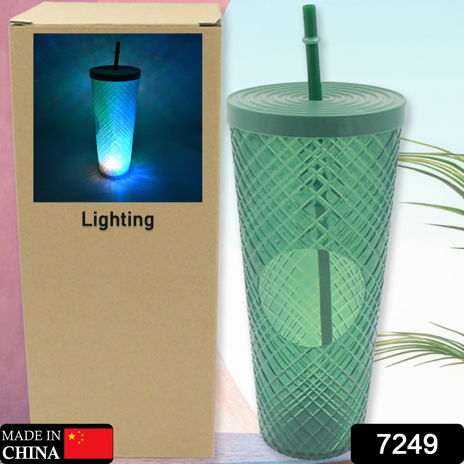 7249 Cup with Straw & LED Lighting Reusable Matte Studded Tumbler with Leak Proof Lid Water Cup Travel Mug Coffee Ice Water Bottle Double Walled Insulated Tumbler BPA Free (1 Pc)