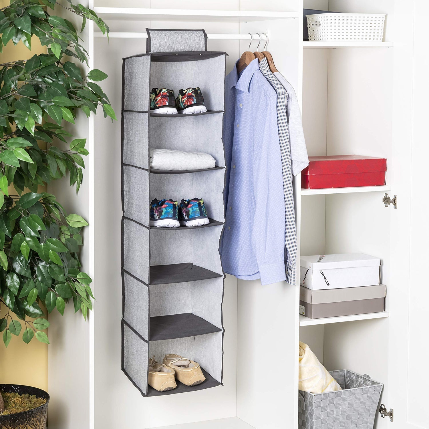 6370 6 Shelf Hanging Closet Organizer, Space Saver, Sweater & Clothing Shelves, Breathable Material Keeps Away Dust & Odors,