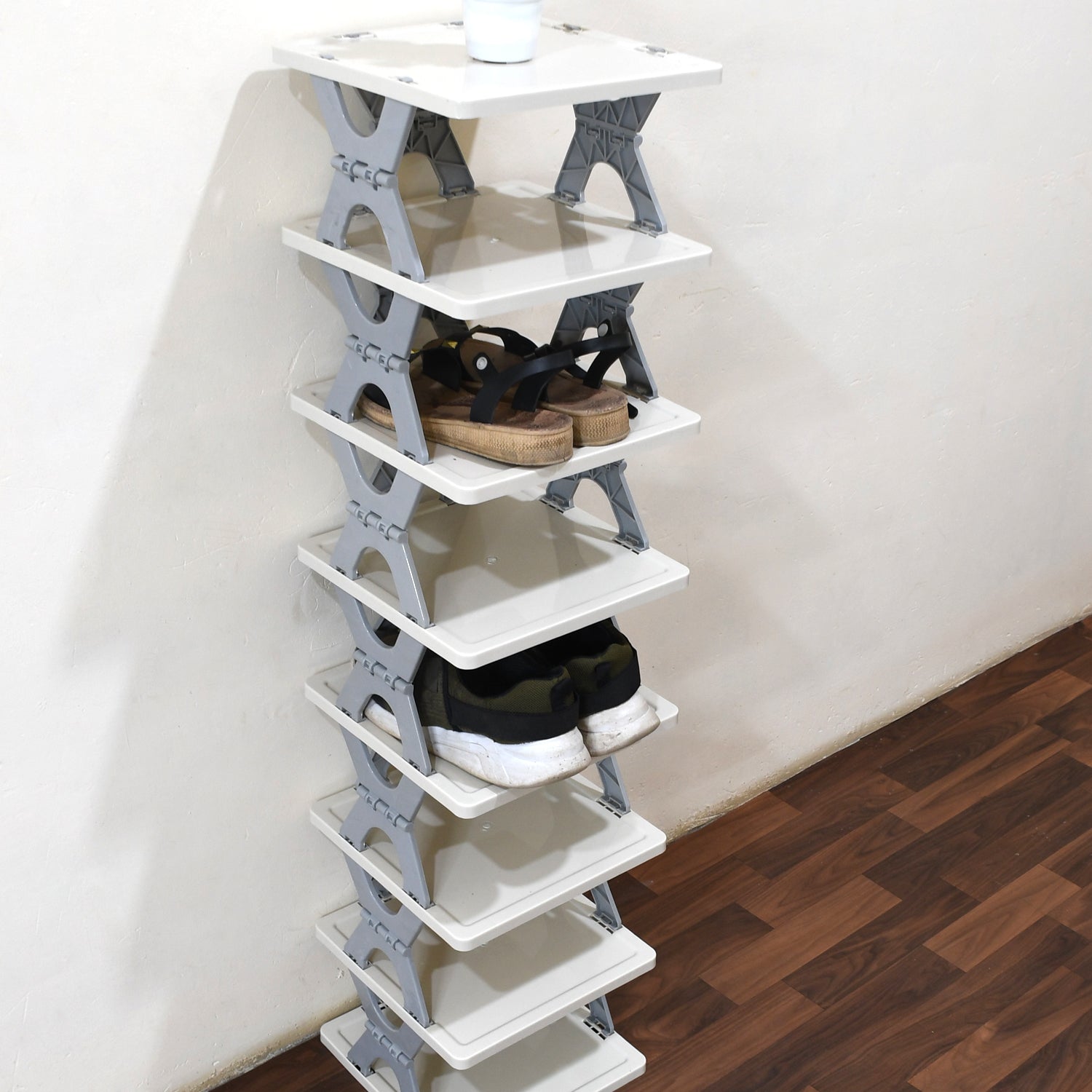 9098 SMART SHOE RACK WITH 8 LAYER SHOES STAND MULTIFUNCTIONAL ENTRYWAY FOLDABLE & COLLAPSIBLE DOOR SHOE RACK FREE STANDING HEAVY DUTY PLASTIC SHOE SHELF STORAGE ORGANIZER NARROW FOOTWEAR HOME