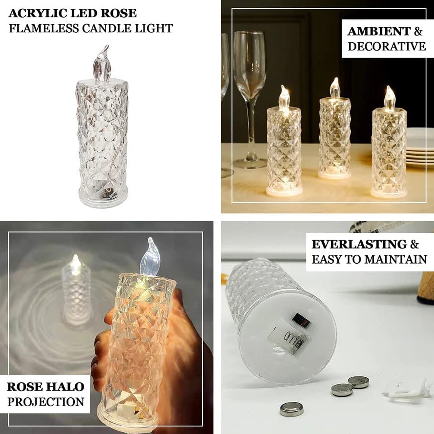 8439 Rose Candles LED Flameless and Smokeless Decorative Acrylic Transparent Candles Led Tea Light Candle Perfect for Gifting, Home, Diwali, Christmas, Crystal Candle Lights (1 Pc) (MOQ :- 12 pc )