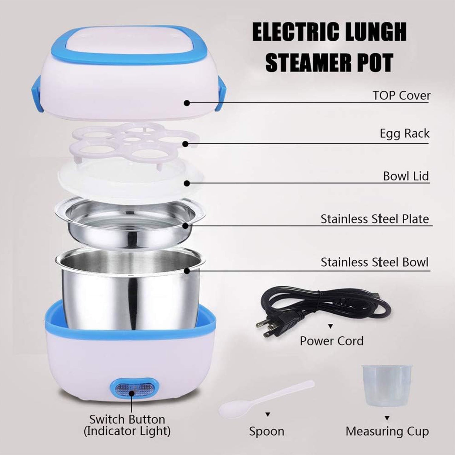10027 Electric Lunch Box Portable Food Warmer Food Heating Lunch Box Removable Food-Grade Stainless Steel Compartments, 220V 200W, for Car, Truck, office