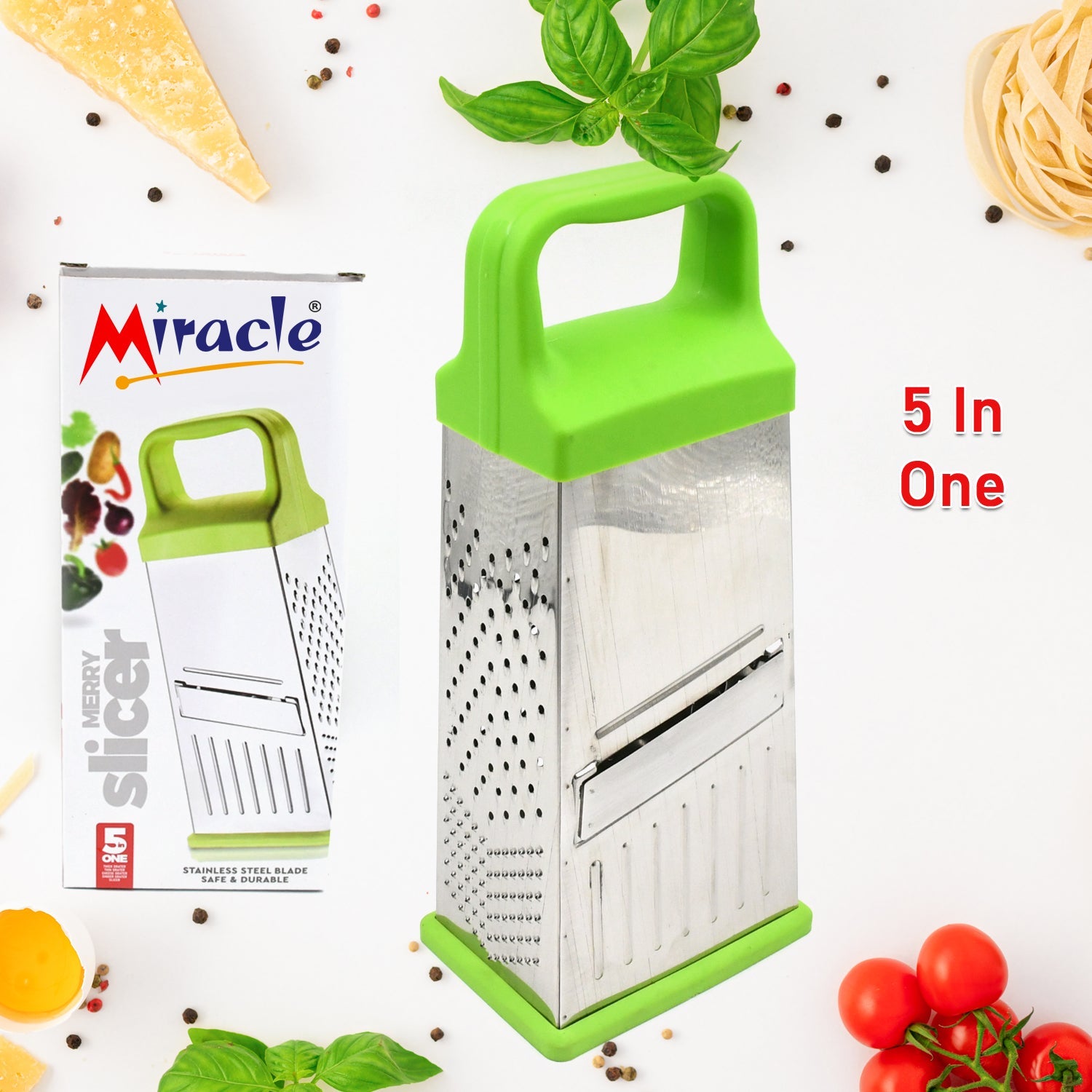 5585 Miracle 5 In 1 Multifunctional Stainless Steel, Cheese Grater With Handle Stainless Steel Material Food Grater For Carrot, Cheese, Panner, Lemon or orange Peel and other Vegetable & Fruit