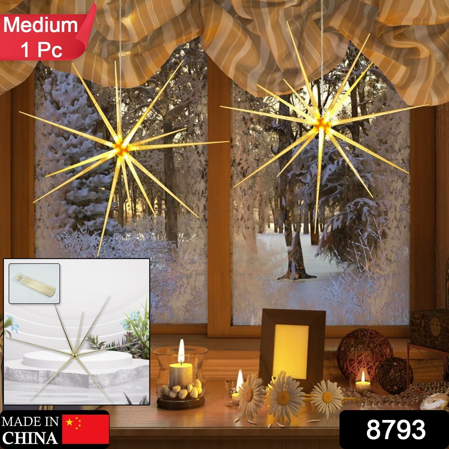 3D Gold Star Hanging Decoration Star, Acrylic Look Hanging Luminous Star for Windows, Home, Garden Festive Embellishments for Holiday Parties Weddings Birthday Home Decoration ( Big / Medium, Small )